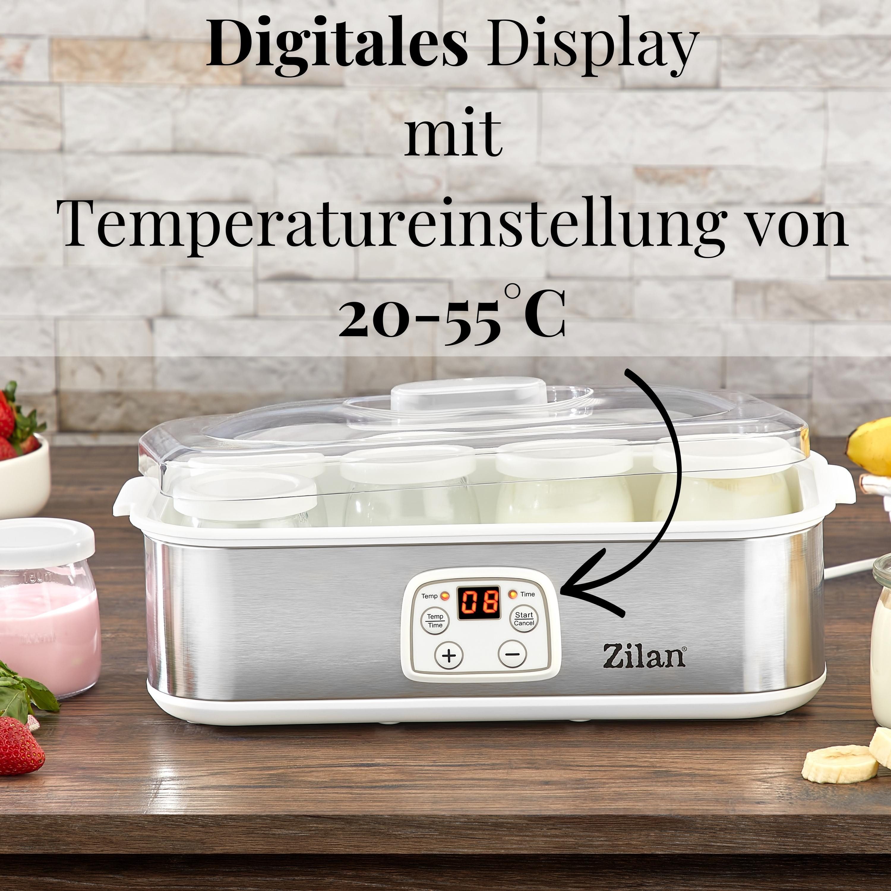 Zilan Joghurtbereiter ZLN-6104, Digitales Display,48h Timer,8 Glasflaschen,1.44 Liter