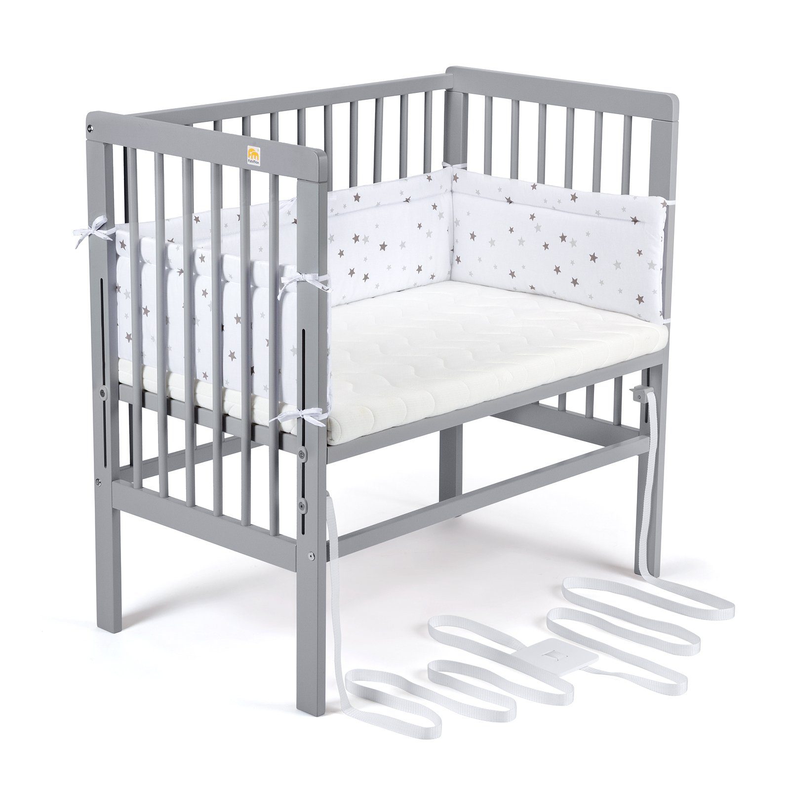 FabiMax Beistellbett Babybett Boxspring grau, 90 x 55 cm Liegefläche, aus Buchenholz, Stufenlos höhenverstellbar 40-73 cm, Holz-Lattenrost