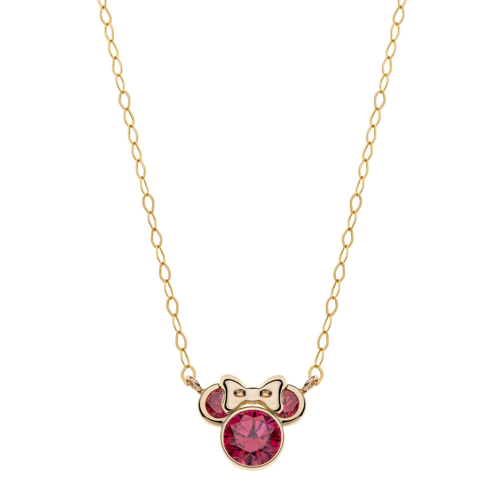 DISNEY Jewelry Kette mit Anhänger Kinderkette Micky Juli 375 gelbgold, Maus Geburtsstein rot Gold