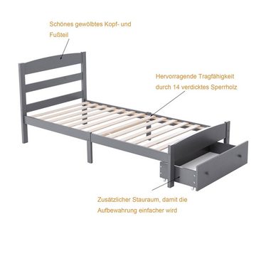 Fangqi Einzelbett Massivholzbett mit Lattenrost und Schublade Jugendbett Kinder Bett, 90x200cm mit Kopfteil Bettgestell