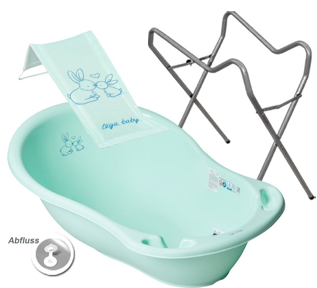 Tega-Baby Babybadewanne 2 TEILE SET H - BUNNIES Minze - Gestell Grau- Babybadeset Abfluss, (Made in Europe Spar Set), ** Babywanne+ Badesitz + Gestell **