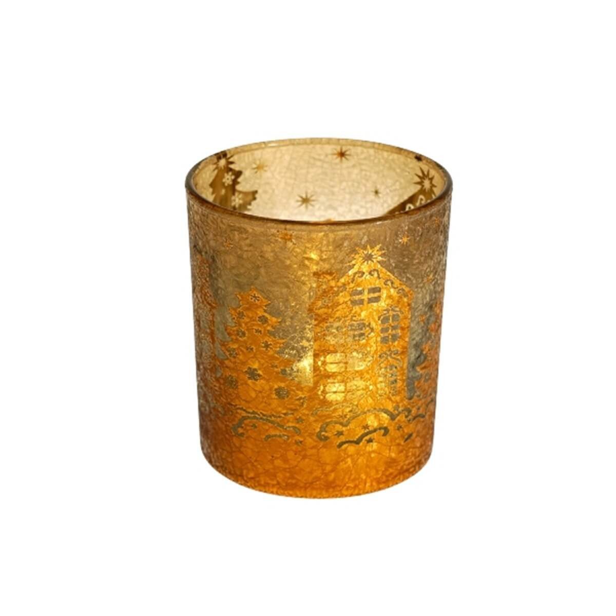 degawo Teelichthalter Windlicht Glas, Gold, festliche Dekoration mit weihnachtlichen Motiven (1 Windlicht)