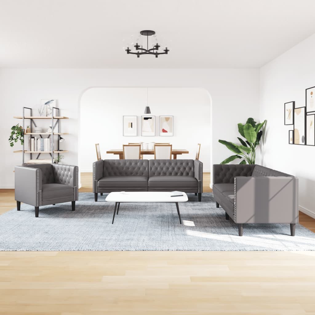 vidaXL Sofa 3-tlg. Chesterfield-Sofa-Set Grau Kunstleder günstig online kaufen