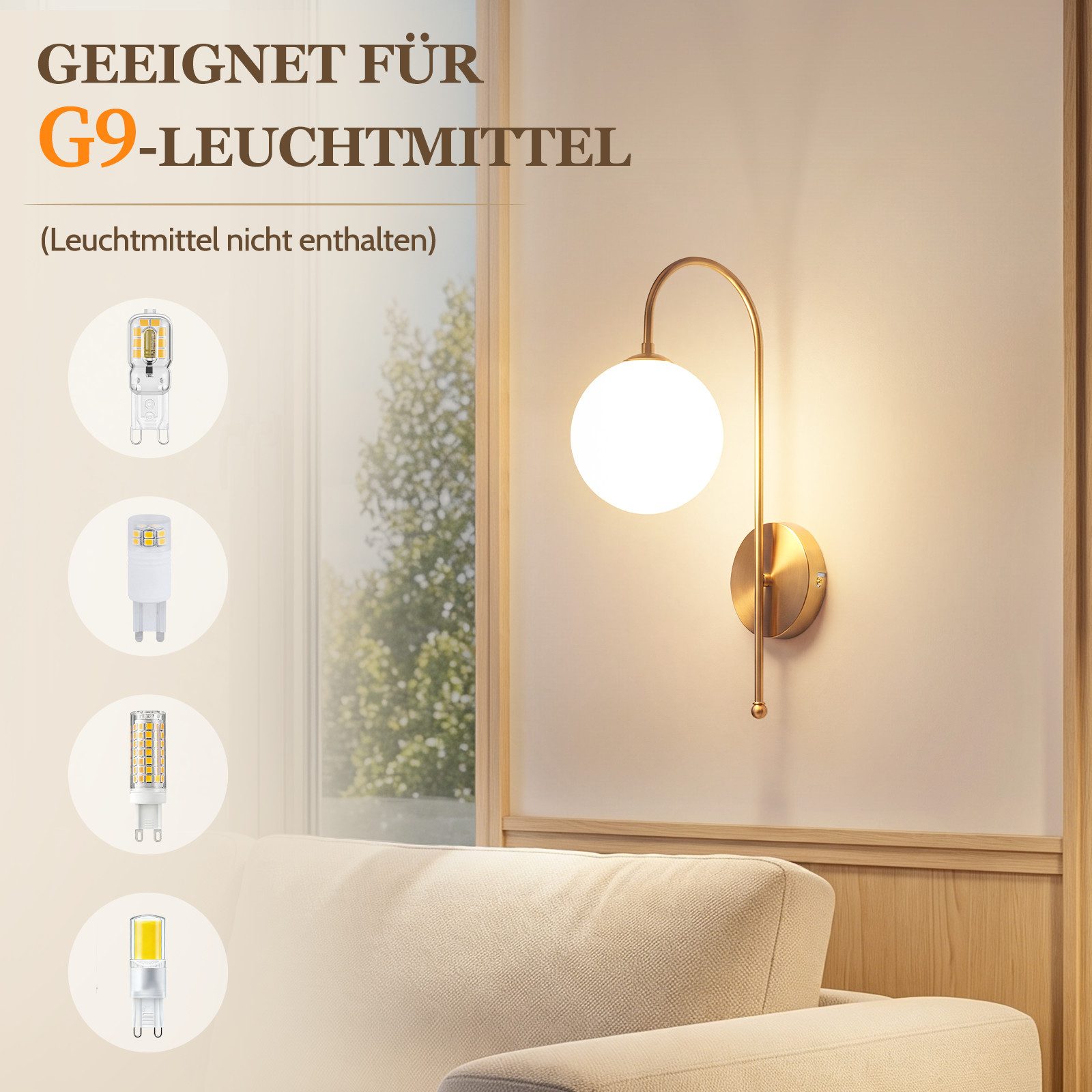Nettlife Wandleuchte Gold Glaskugel 24cm G9 Vintage Wandbeleuchtung aus Metall, ohne Leuchtmittel, für Wohnzimmer Flur Schlafzimmer Dekorative Wandlampe