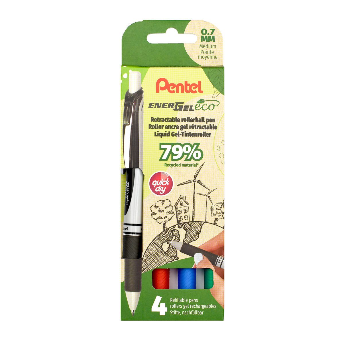 PENTEL Gelroller Liquid Gel-Tintenroller EnerGel Eco BL77E - 0,5 mm 4er Set sortiert.