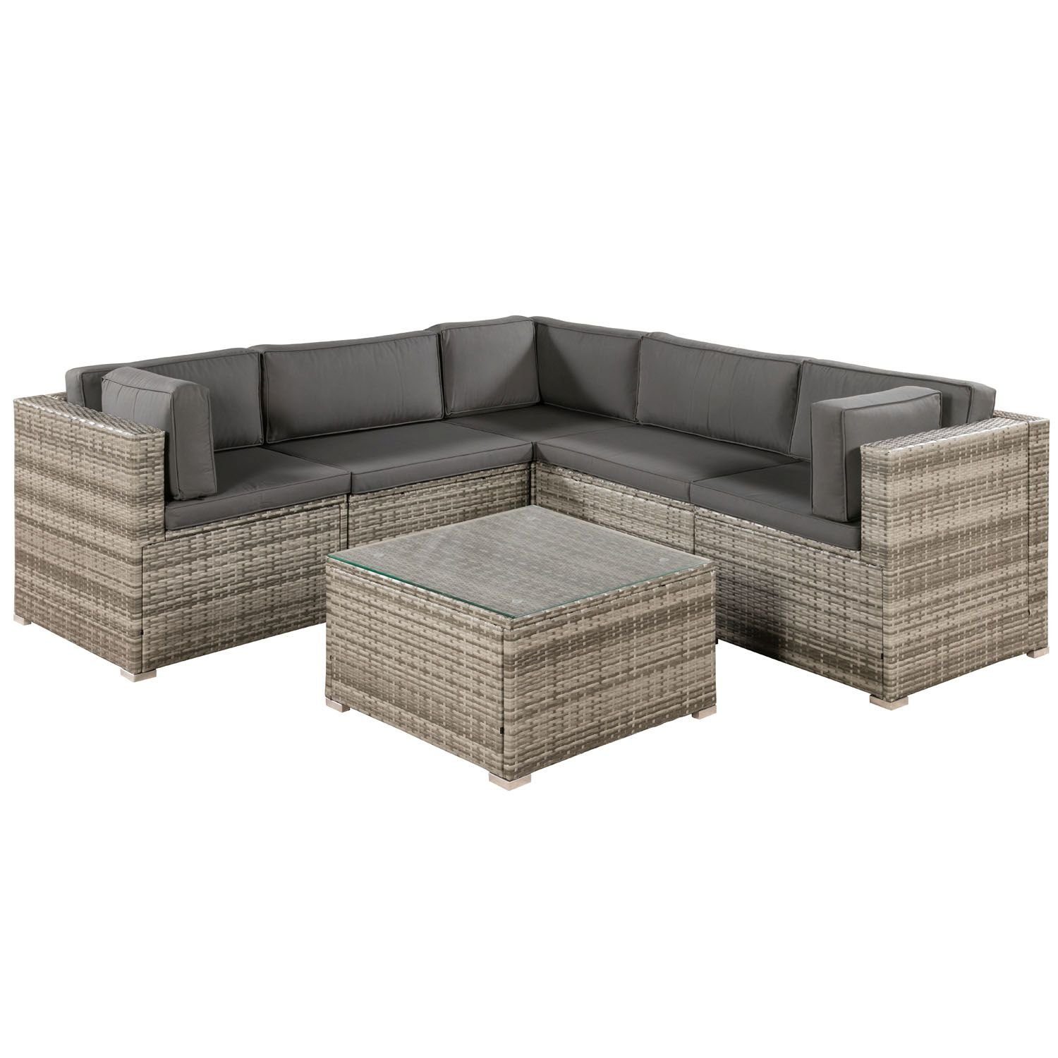 Juskys Gartenlounge-Set Nassau, Polyrattan Ecksofa mit Tisch und Polstern, für 5 Personen