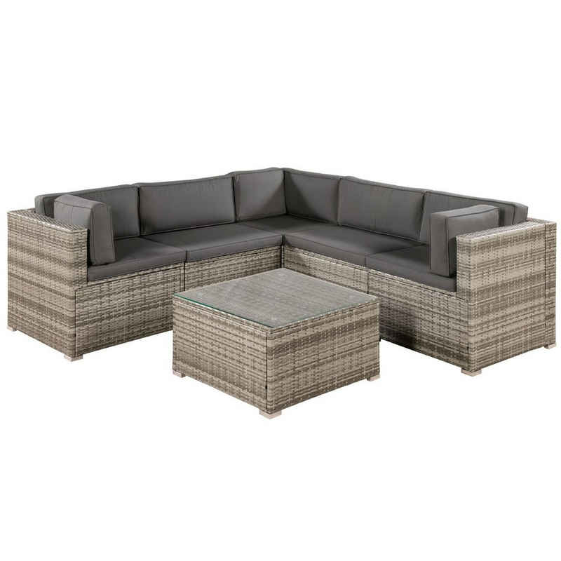 Juskys Gartenlounge-Set Nassau, Polyrattan Ecksofa mit Tisch und Polstern, für 5 Personen