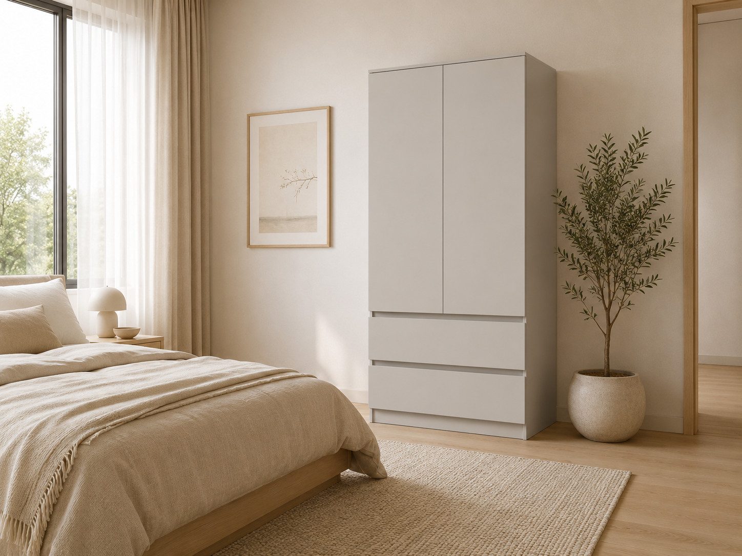 MOEBLO Drehtürenschrank LOSKO 2D2S (Kleiderschrank - 90 cm breit, mit 2 Türen, 2 Schubladen, 4 Einlegeböden und Kleiderstange, grifflos, …