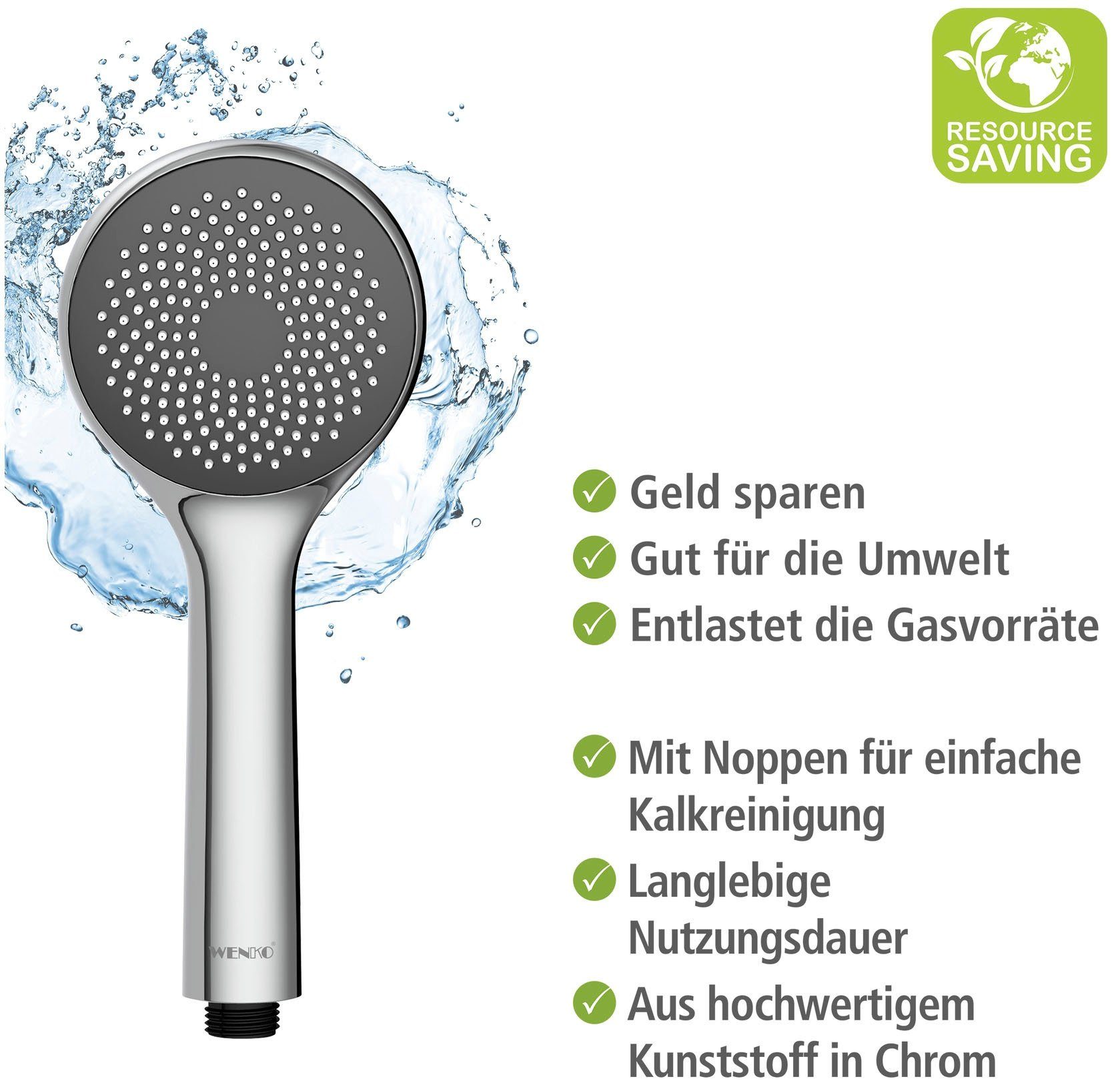 WENKO Handbrause Watersaving System, Duschkopf Watersaving, Durchmesser 9,6 cm