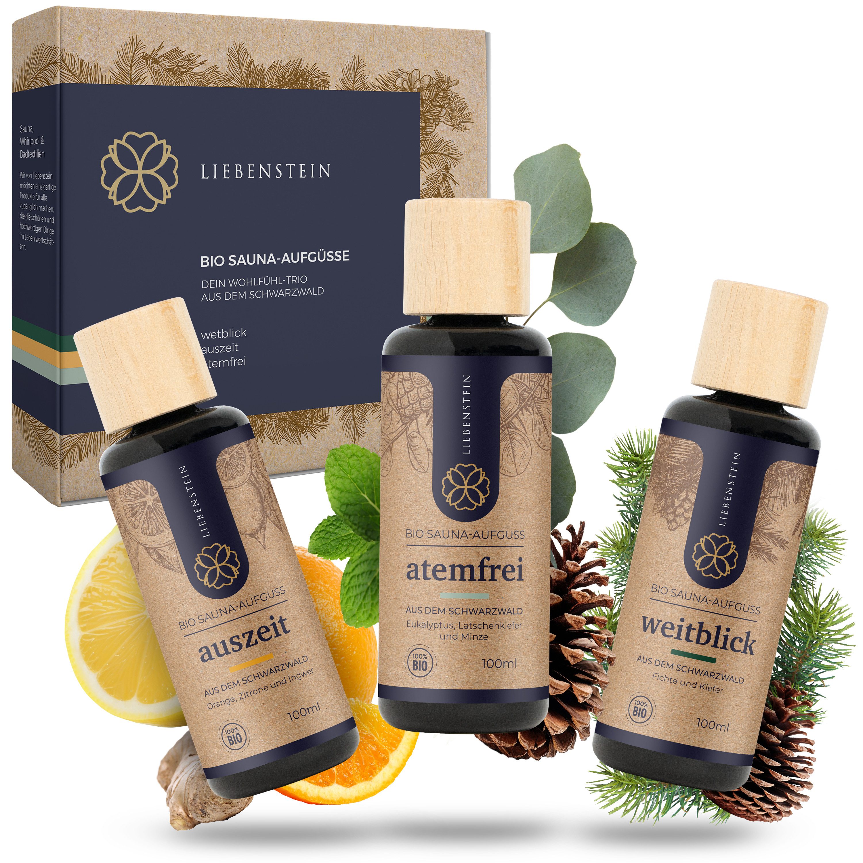 Liebenstein Sauna-Aufgussset Wohlfühl-Trio Duftöle mit 100% naturreinen Bio Ölen (erfrischendes Sauna Aufgussöl, 3-tlg) Bio Saunaöle, Made in Germany
