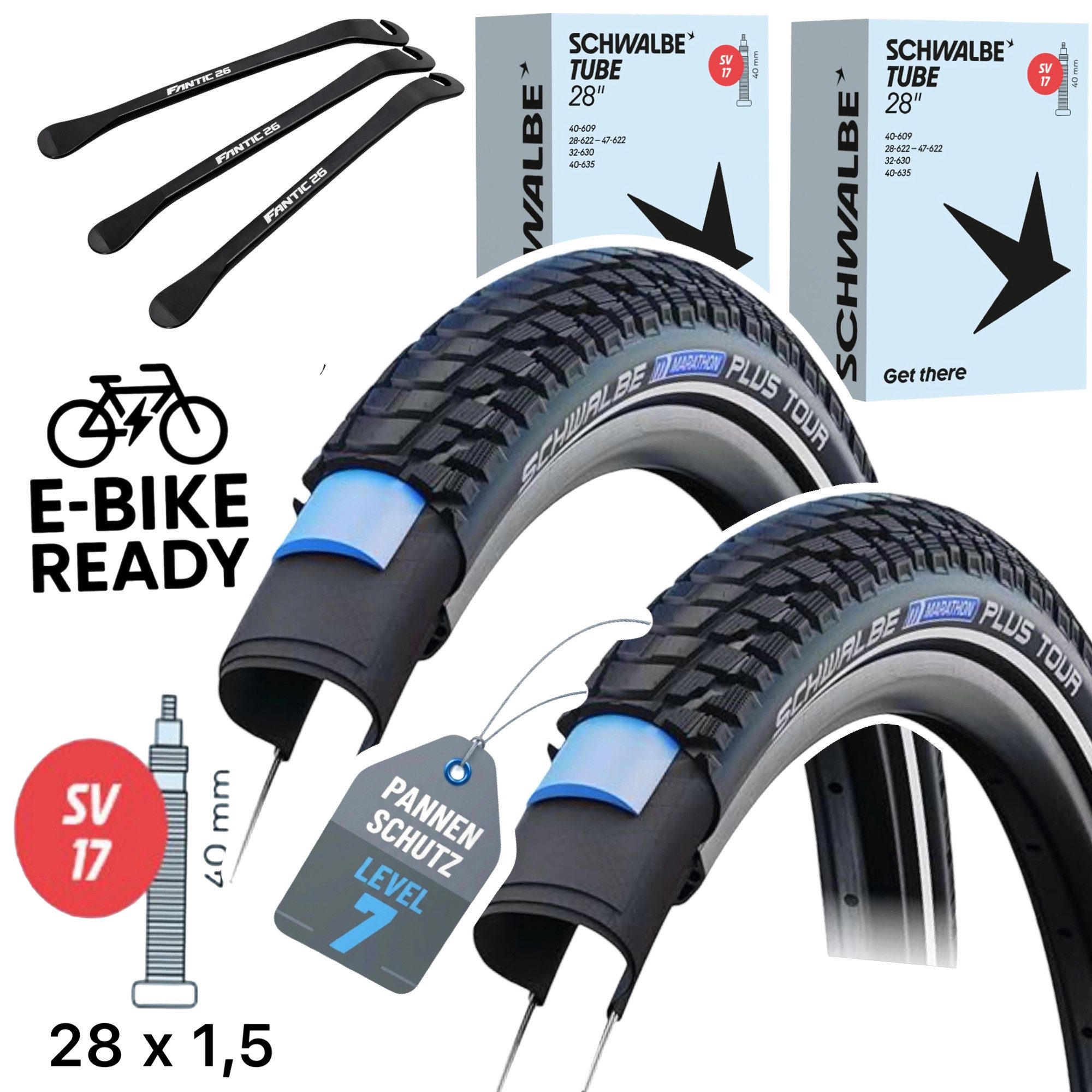 Schwalbe Fahrradschlauch Schwalbe Marathon Plus TOUR 28" x 1,5" Ebike Reifen Schläuche SV17 SET
