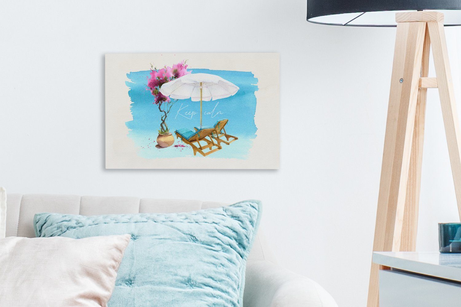 OneMillionCanvasses® Leinwandbild Strandkorb Leinwandbilder, - 30x20 Blumen - (1 cm Sonnenschirm - Aquarell, Wanddeko, Aufhängefertig, Wandbild St)