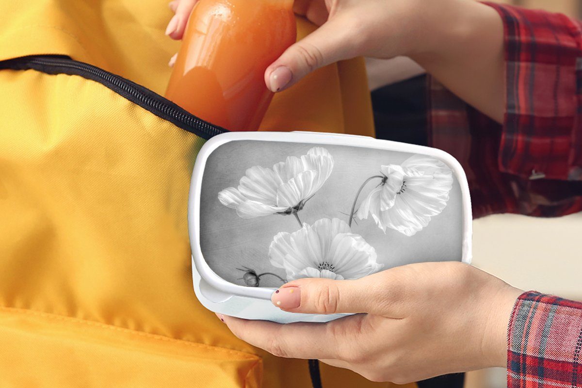 MuchoWow Lunchbox Stilleben - für (2-tlg), - Schwarz weiß Kunststoff, und Blumen Botanisch, Brotbox - Mädchen Brotdose, und für Mohn Jungs und Kinder - Erwachsene
