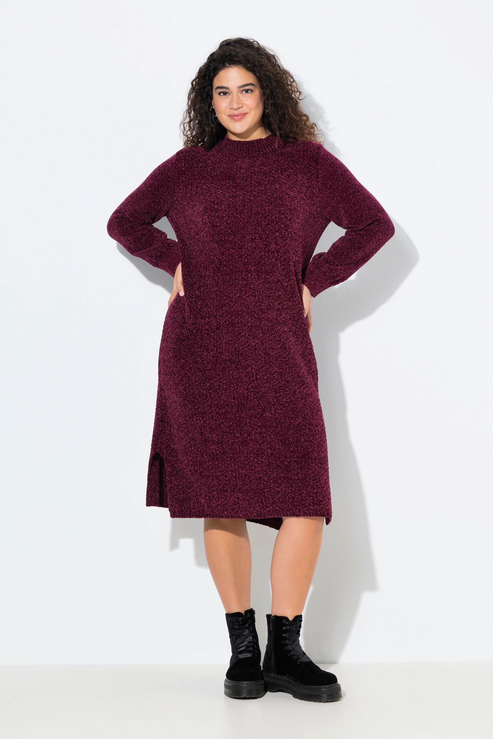 Ulla Popken Strickkleid Chenille-Midikleid weiter Stehkragen Langarm