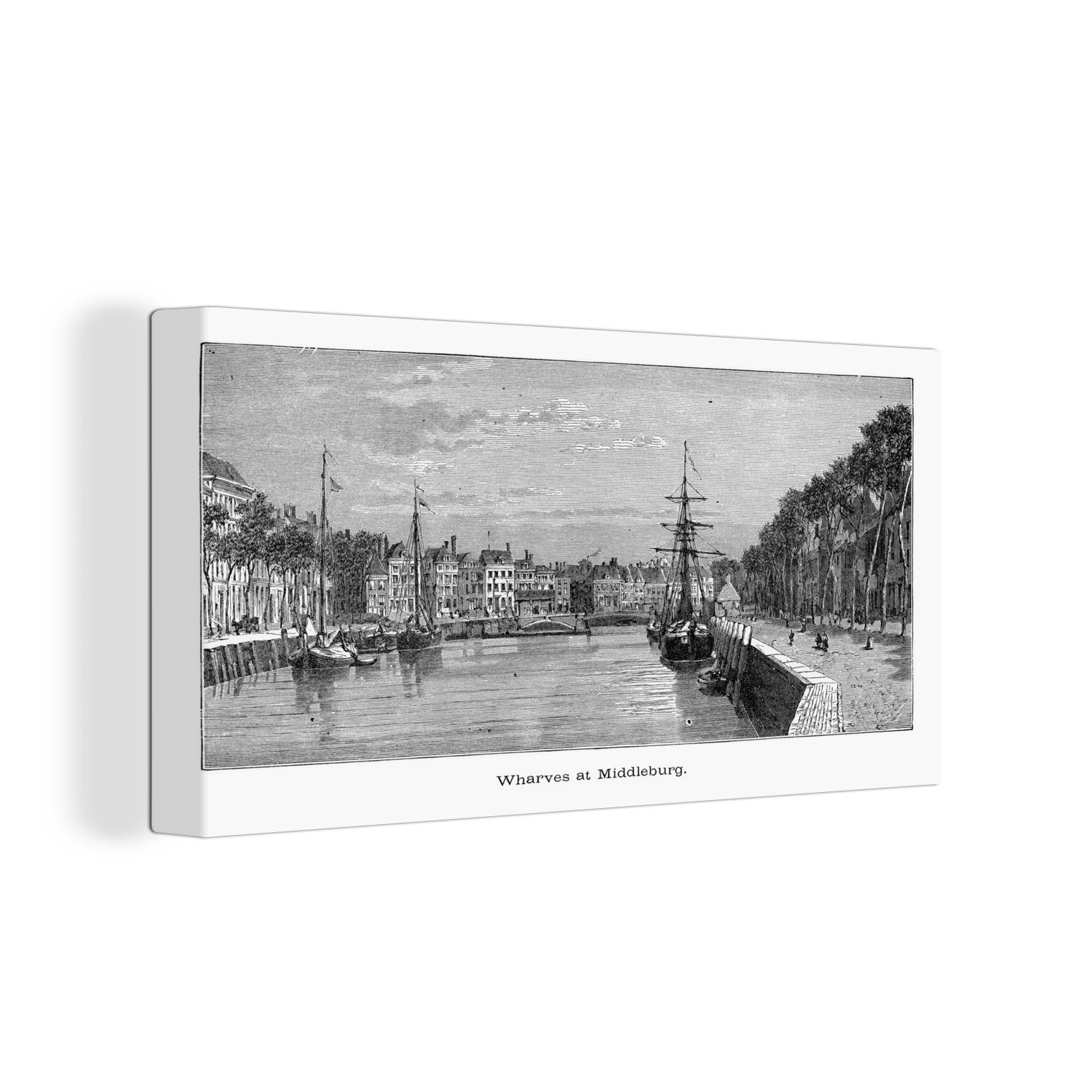 OneMillionCanvasses® Leinwandbild Eine Illustration eines Hafens mit Schiffen, (1 St), Wandbild Leinwandbilder, Aufhängefertig, Wanddeko, 30x20 cm
