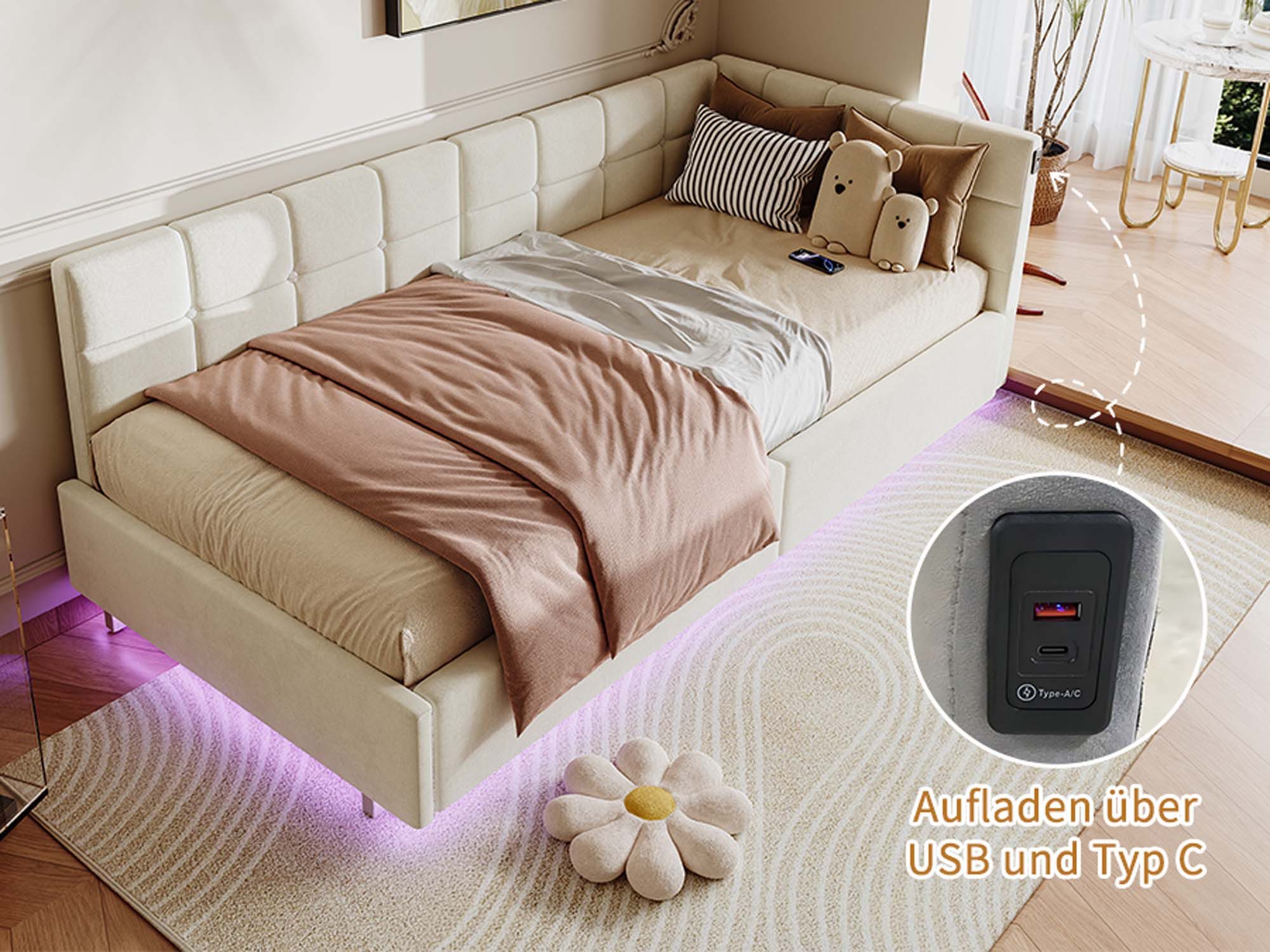 zebery Polsterbett Daybett Tagesbett LED Einzelbett 90x200cm (Hydraulisch hebbarer Stauraumbett), Jugendbett mit USB & Type-C,Samt,Beige – Bild 5 von 5