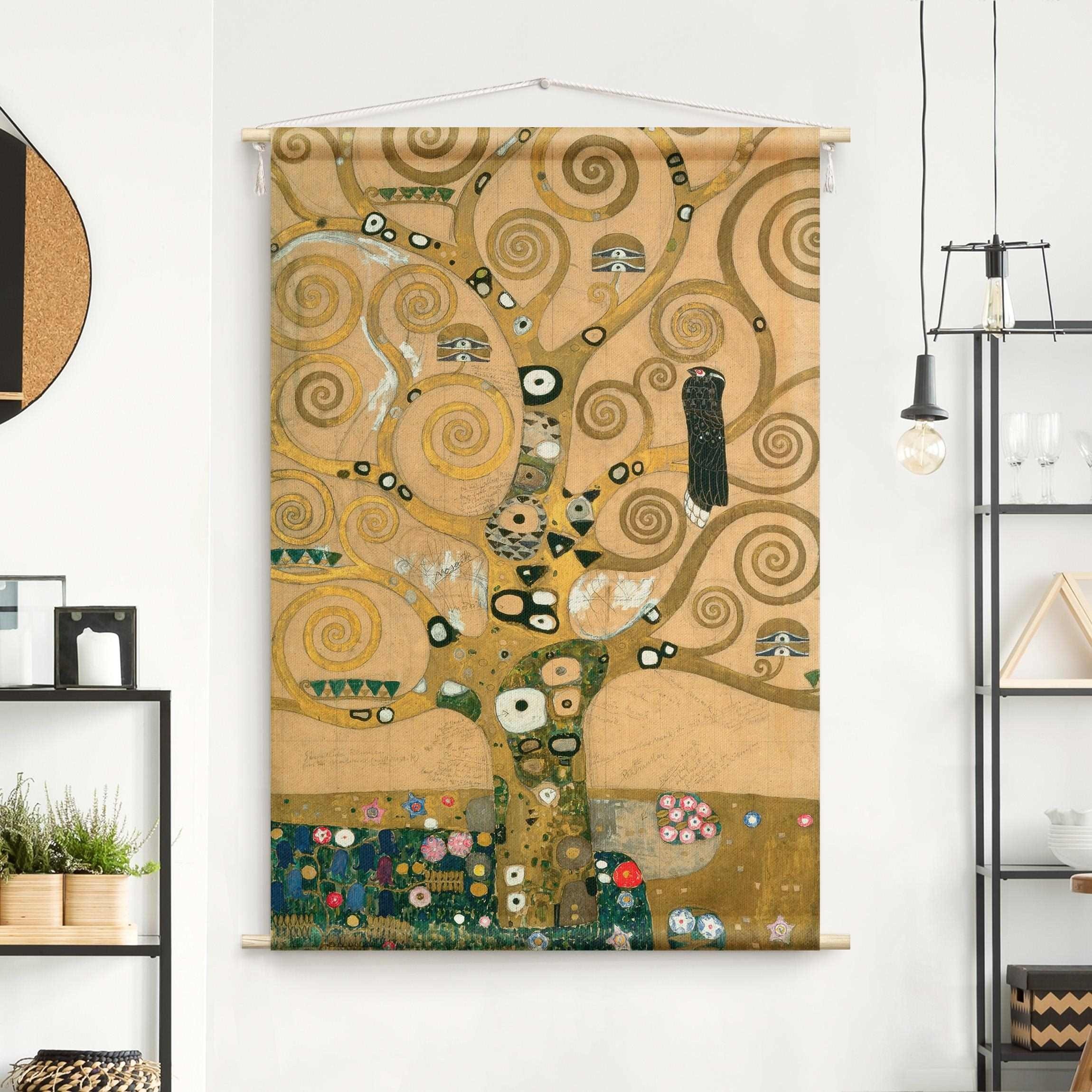 Bilderdepot24 Wandteppich modern Gustav Klimt Kunst Wald gold, rechteckig, Höhe: 2.6 mm, großes Wandbild aus Natur-Baumwolle Wandbehang Stoffbild Tuch Wollseil