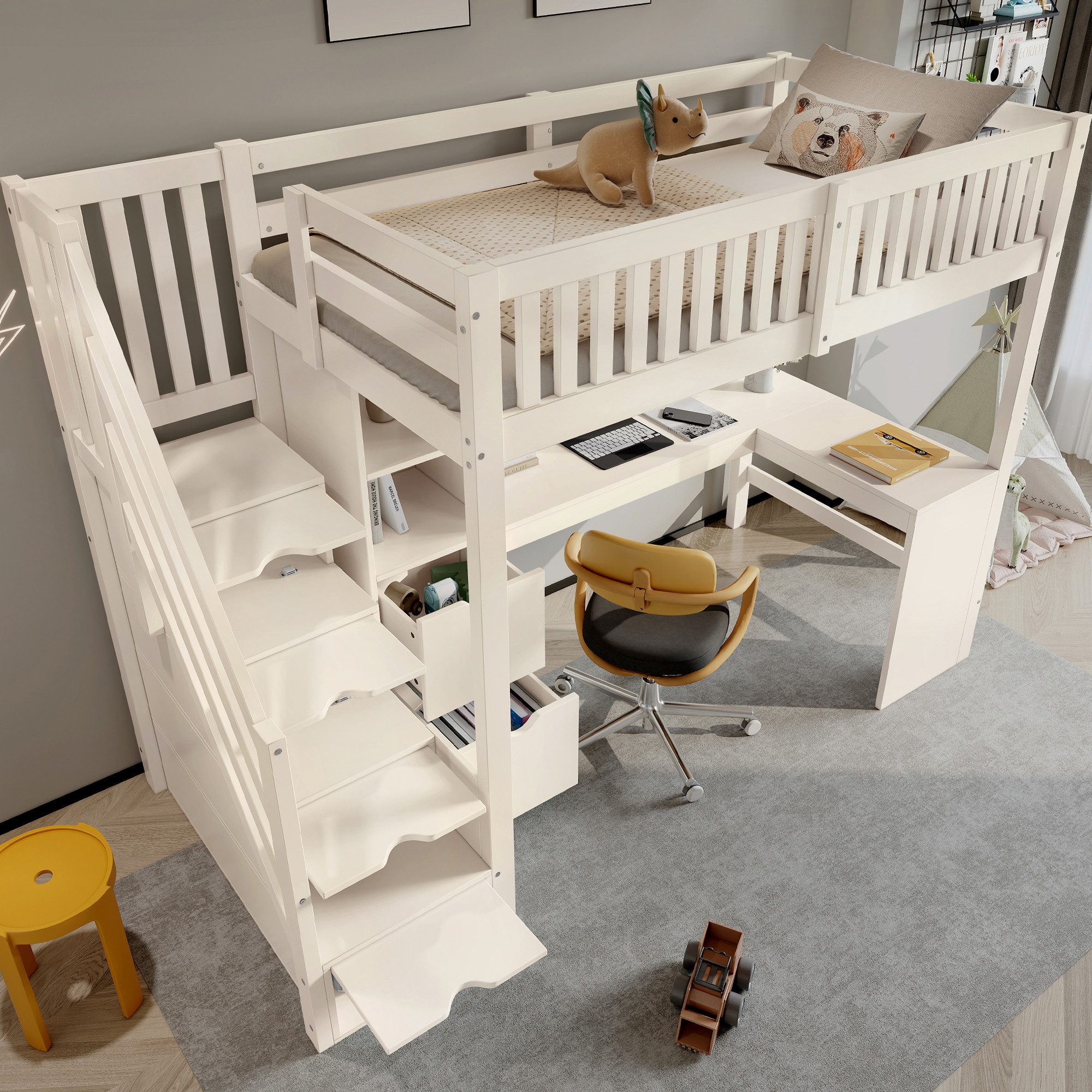 OKWISH Hochbett Bett 90x200 cm Hochbett mit Treppenschrank und Eckschreibtisch, weiß (Packung, 1-St., platzsparendes Holzbett für Kinder und Jugendliche) mit Stauraum und Schubladen (ohne Matratze)