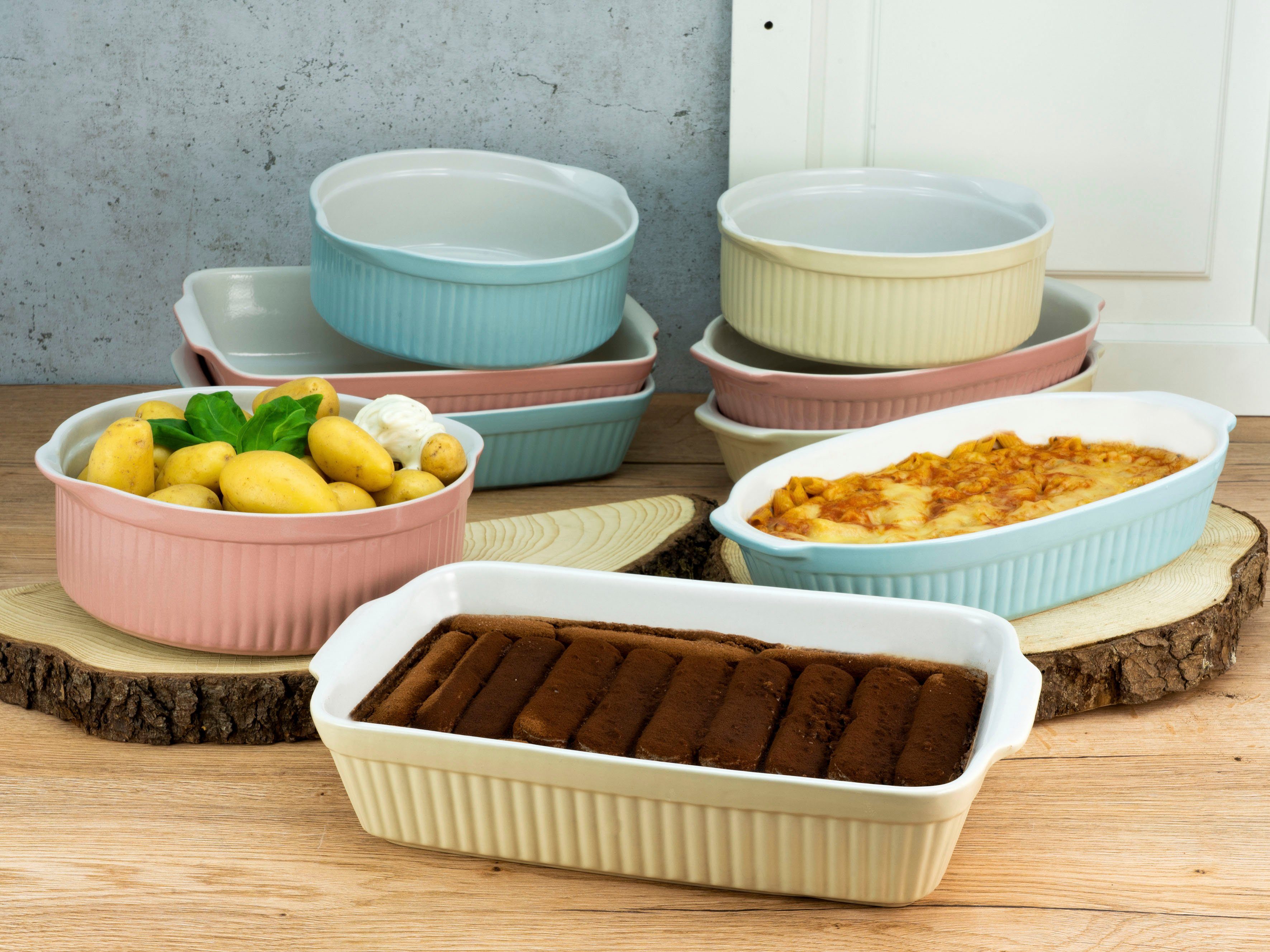 CreaTable Auflaufform Pastell Kitchen, Steinzeug, (1-St), klassisches Streifenrelief, umlaufender Kantenschutz, Pastellfarben