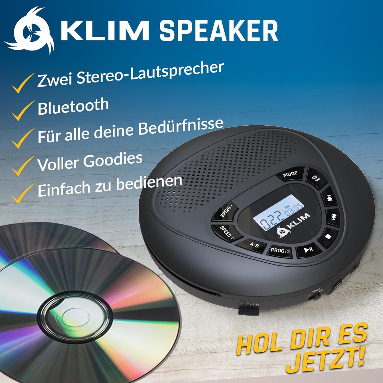 KLIM Speaker tragbarer CD-Player (Discman mit Kopfhörer, ideal fürs Auto, AUX, mit Lautsprecher)