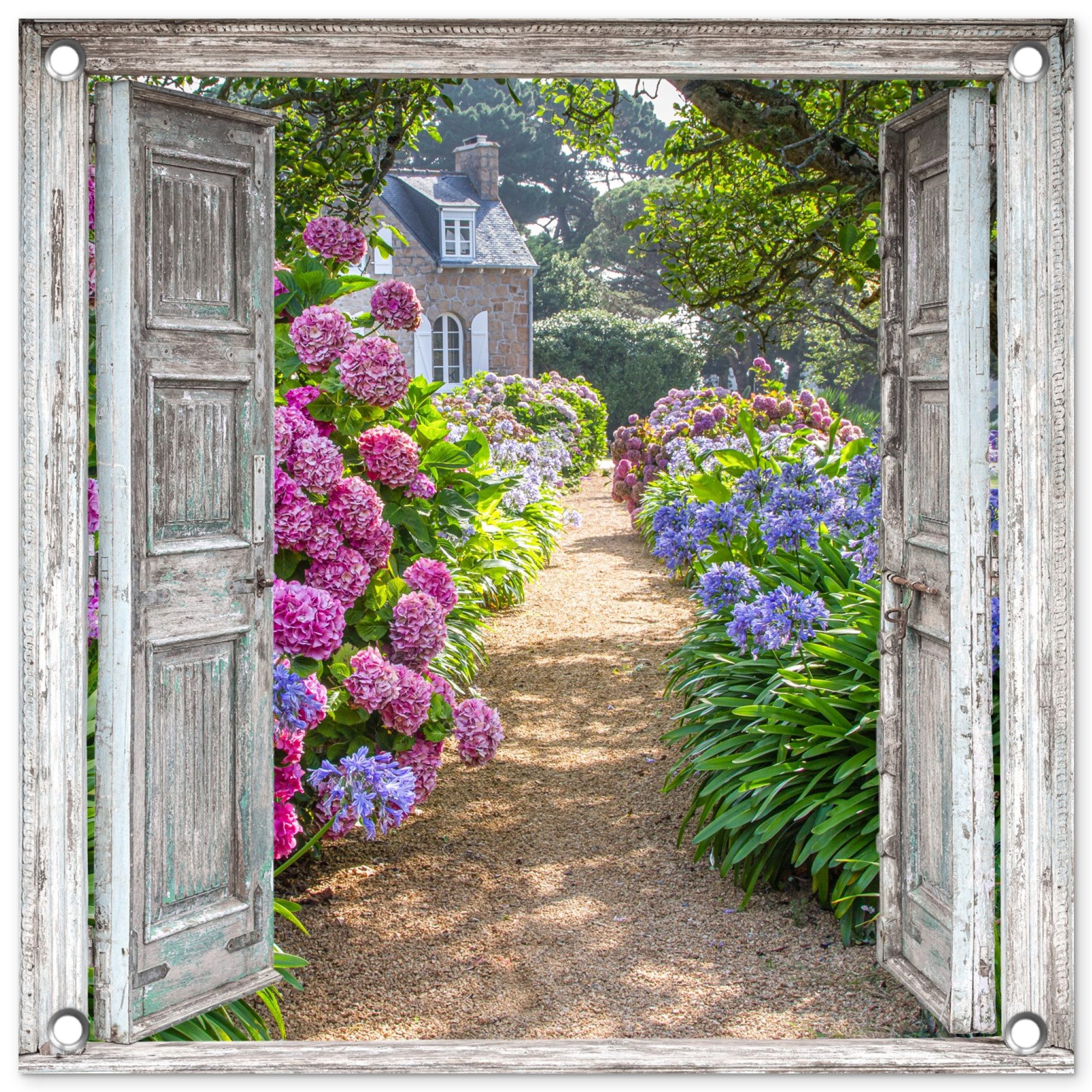 OnlyWow Poster für Garten Durchblick - Hortensie - Blumen, Gartenposter, Outdoor Bilder, Gartendeko für draußen, 50x50 cm