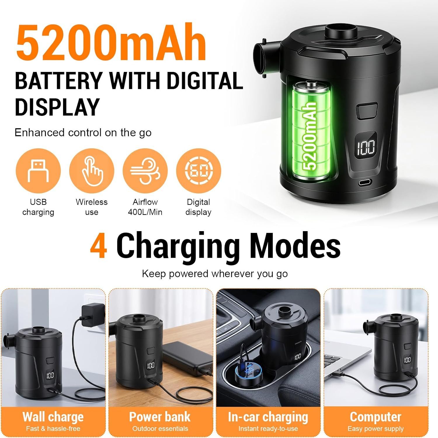 pedete Akku-Luftpumpe Elektrische Luftpumpe 5200mAh Pumpe Akku mit 4 Düsen (wiederaufladbare Mini-Akku-Luftpumpe, 400L/min Schnelles Aufblasen Luftmatratzenpumpe), Tragbare Luftmatratzenpumpe für Pool Schwimmer, Camping, Typ-C