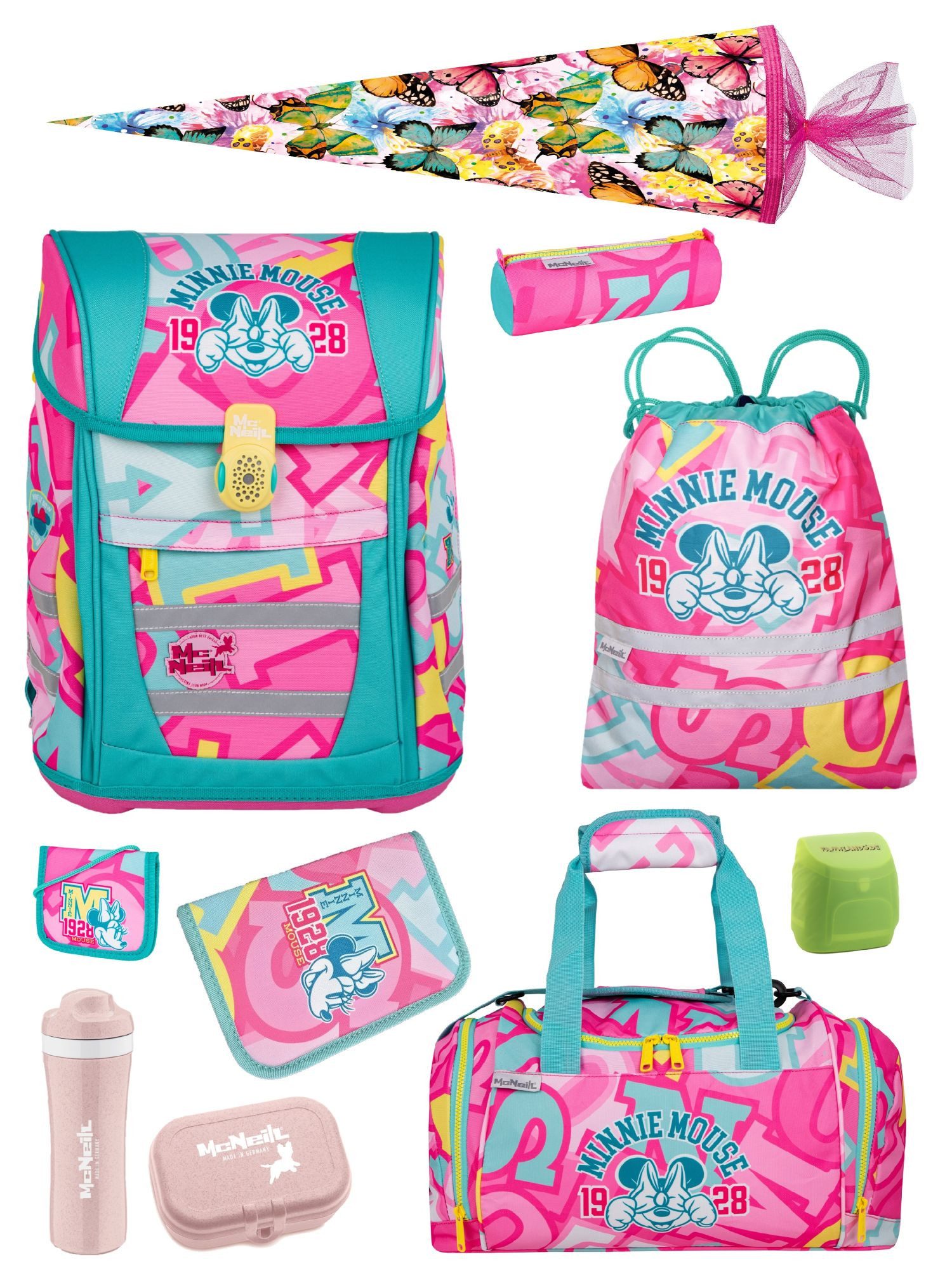 McNeill Schulranzen Disney Minnie Mouse Schultasche, Set zur Einschulung Schulanfang (Set, 10-tlg., inkl. Lunch-Set, Sporttasche & Schultüte / Zuckertüte Schmetterlinge), mit Brustgurt, 980 Gramm leicht, 18L Volumen