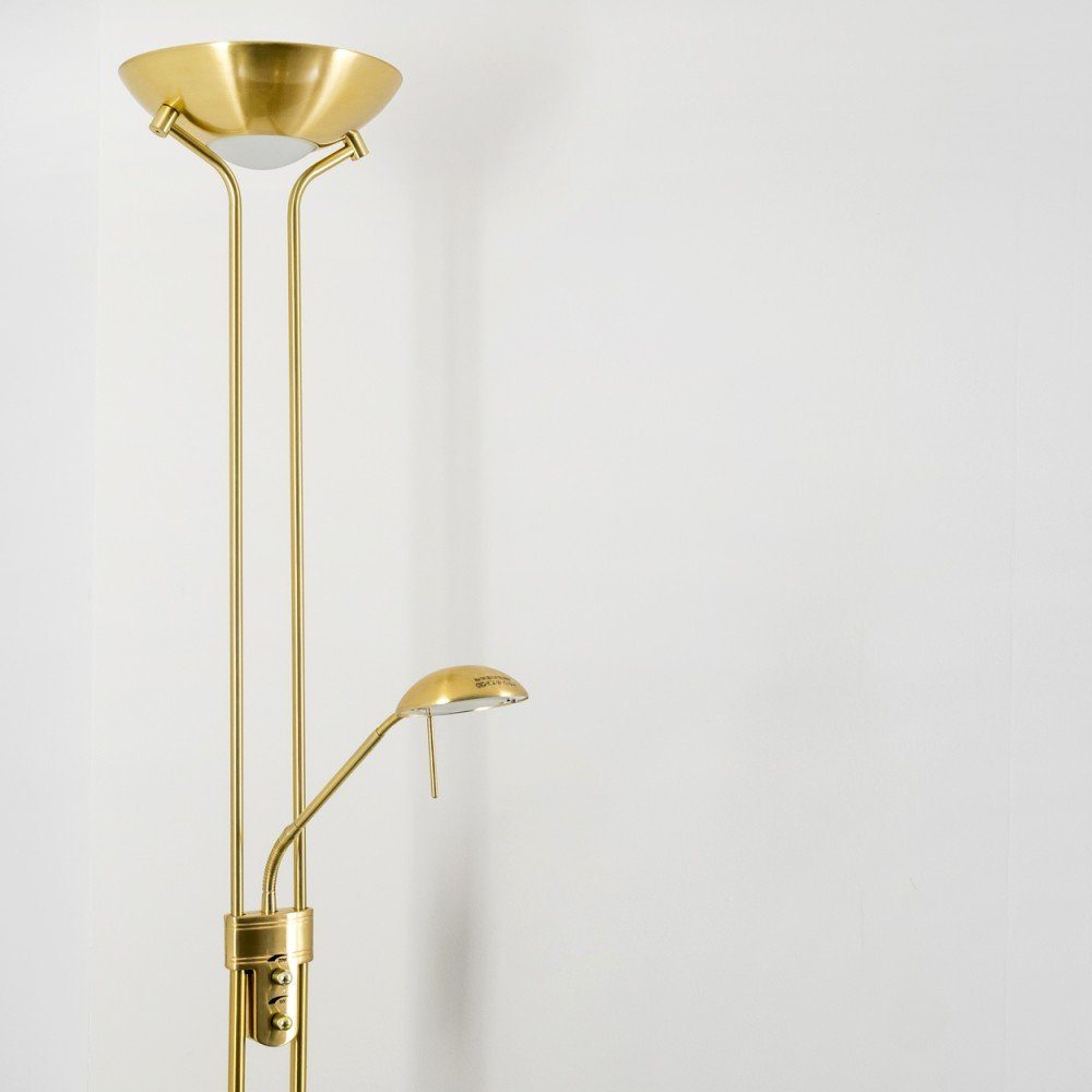 hofstein Deckenfluter »Roppa« Stehleuchte aus Metall in Messing, Drehdimmer am Gehäuse, 3000 Kelvin, 1x18 Watt, 1600 Lumen, 1x5 Watt, 480 Lumen, mit verstellbarem Lesearm