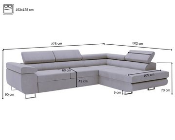 MOEBLO Ecksofa BUZZ L, mit Schlaffunktion, mit Bettkasten Funktionalität Polsterecke, Modulares Sofa Hochwertige Materialien, (BxHxT): 275x90x202cm
