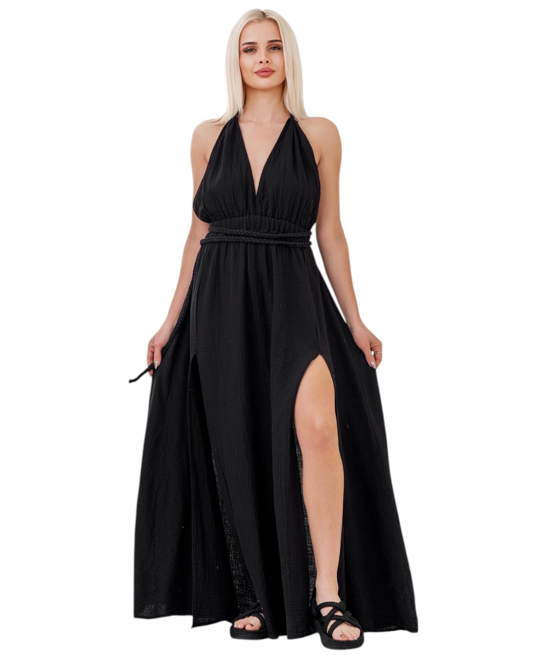 WENOR Sommerkleid mit V-Ausschnitt Bindegürtel & Rückenträger 100% Baumwolle Musselin (1-tlg) rückenfrei mit geflochtenen Trägern, luftiger Boho-Look