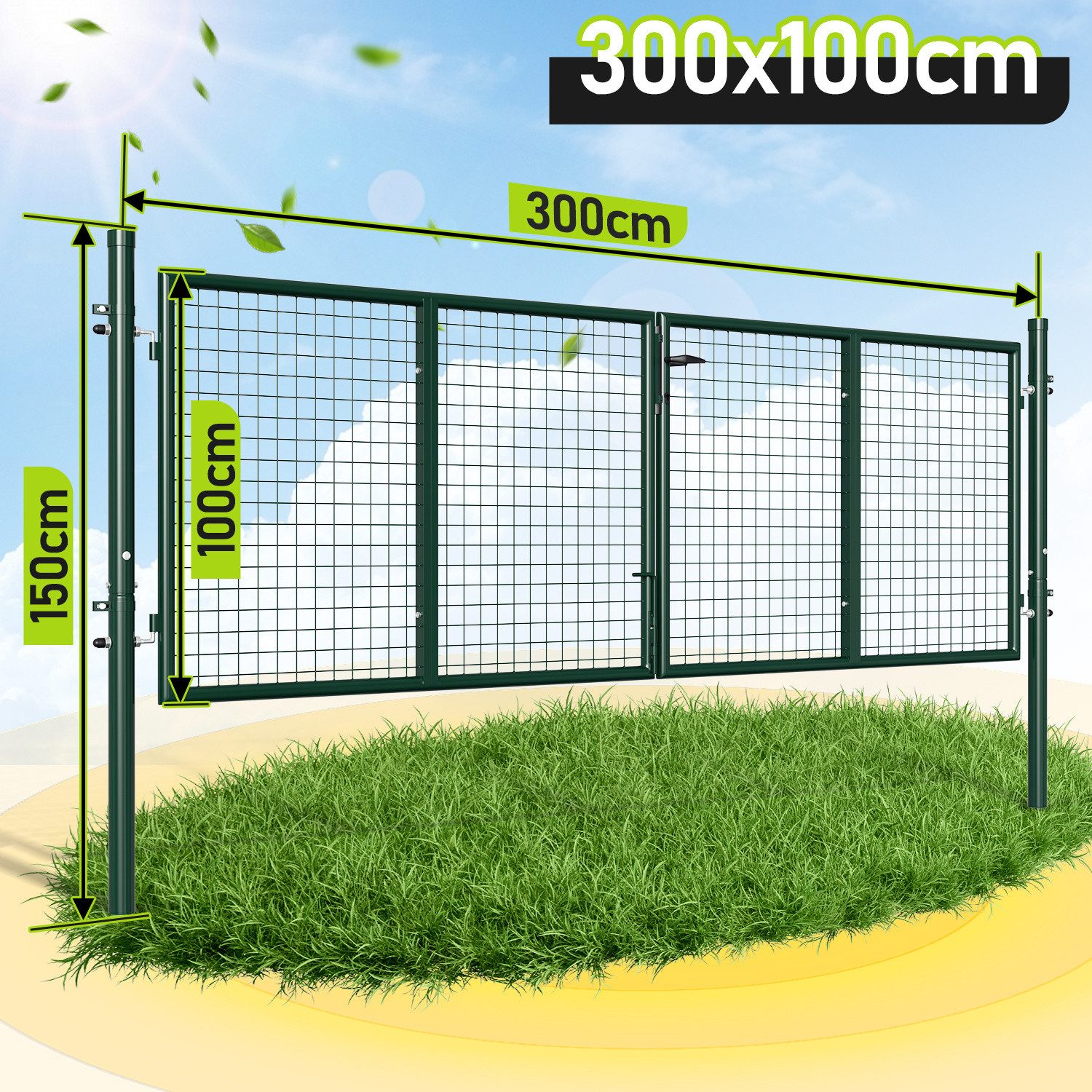 Clanmacy Gartentor 300x100cm Doppelflügelig Gartentor Gartentür Metall Zauntür Zauntor, mit Schloss, Türklinke und Schlüssel
