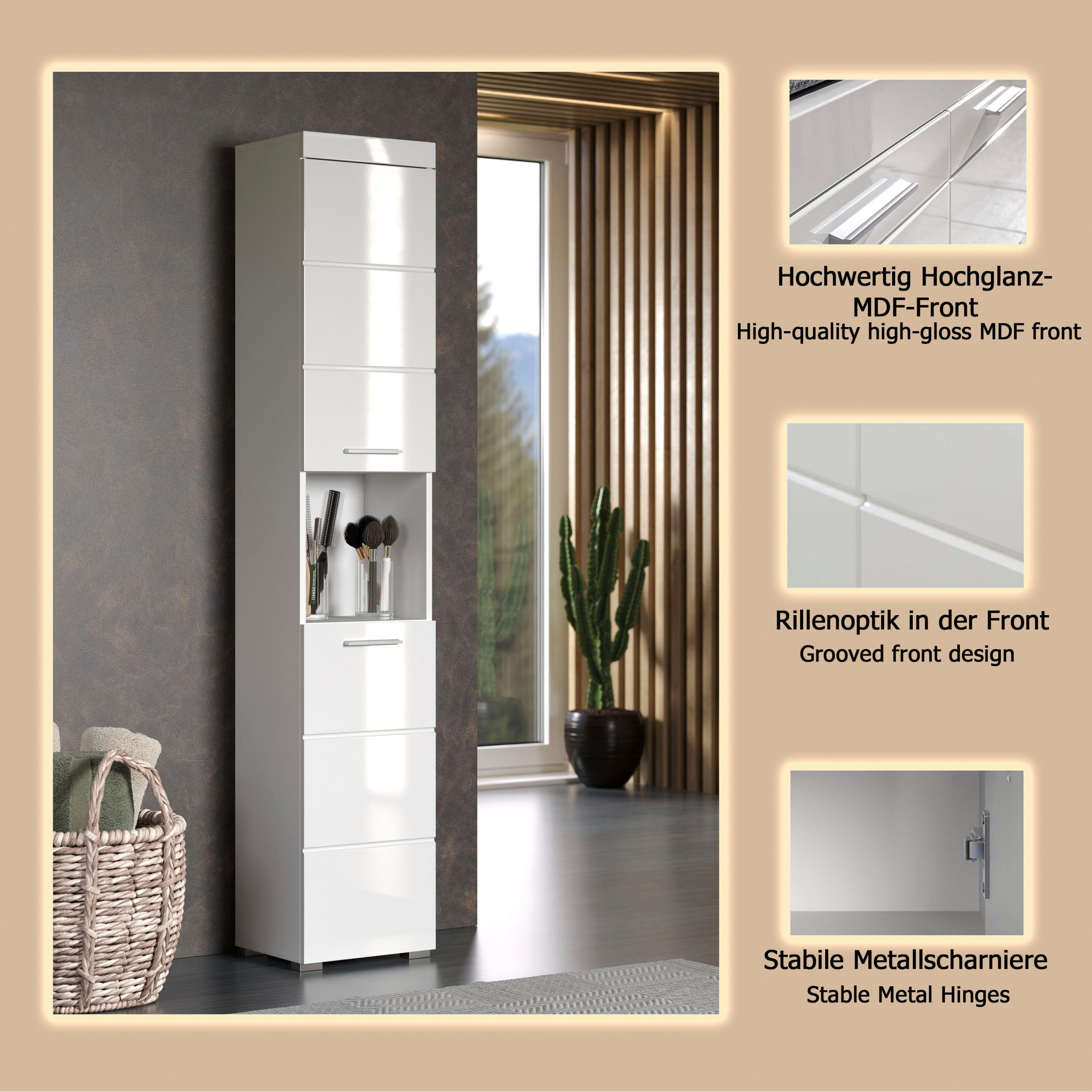 welltime Hochschrank Avena Badschrank mit 2 Türen & 1 Fach - (B/T/H) 37/31/190 cm