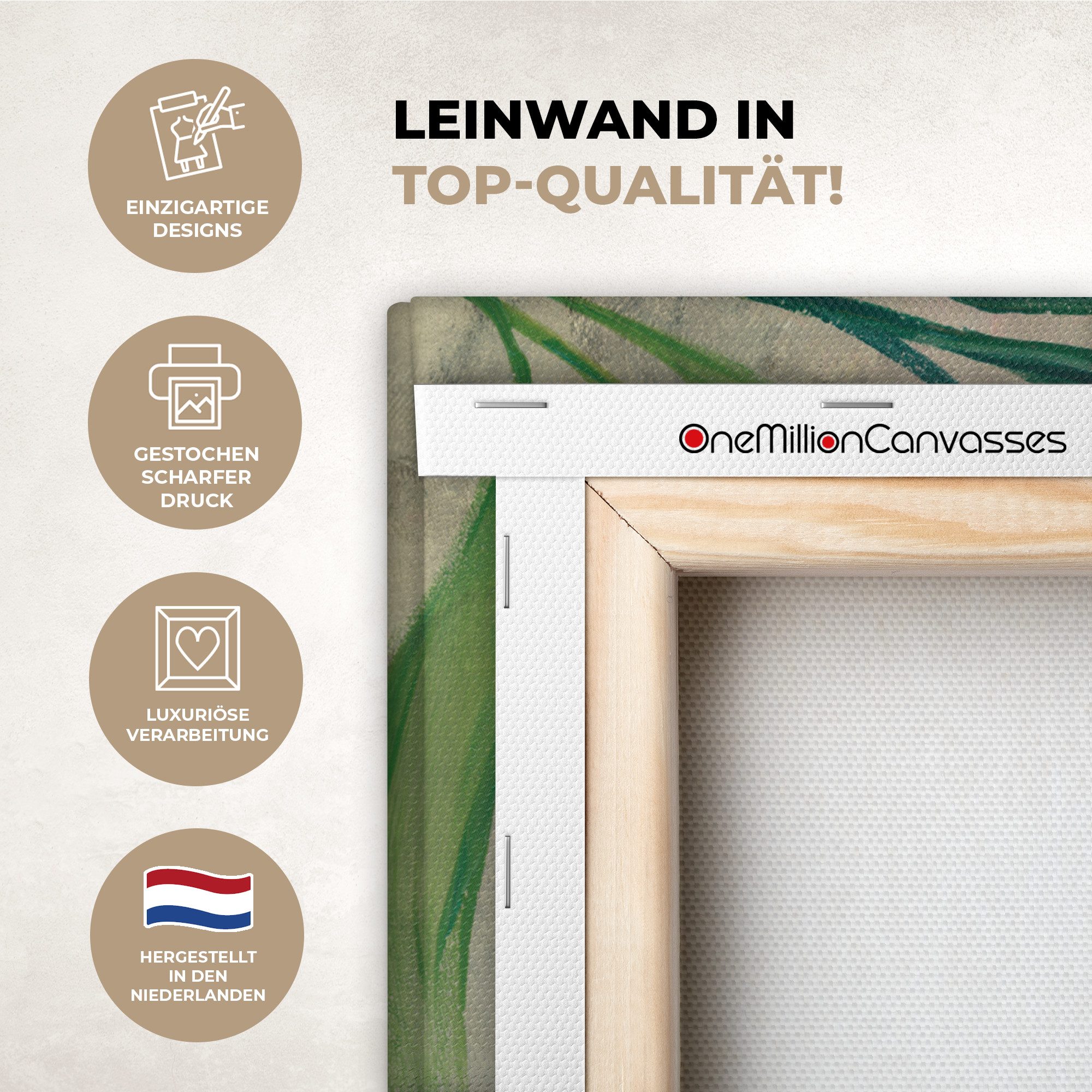 OneMillionCanvasses® Leinwandbild Blätter - Grün - Pflanzen - Natur - Vintage, Fotodruck (1 St), Wandbild, Deko Schlafzimmer Wohnzimmer Flur 20x20 cm