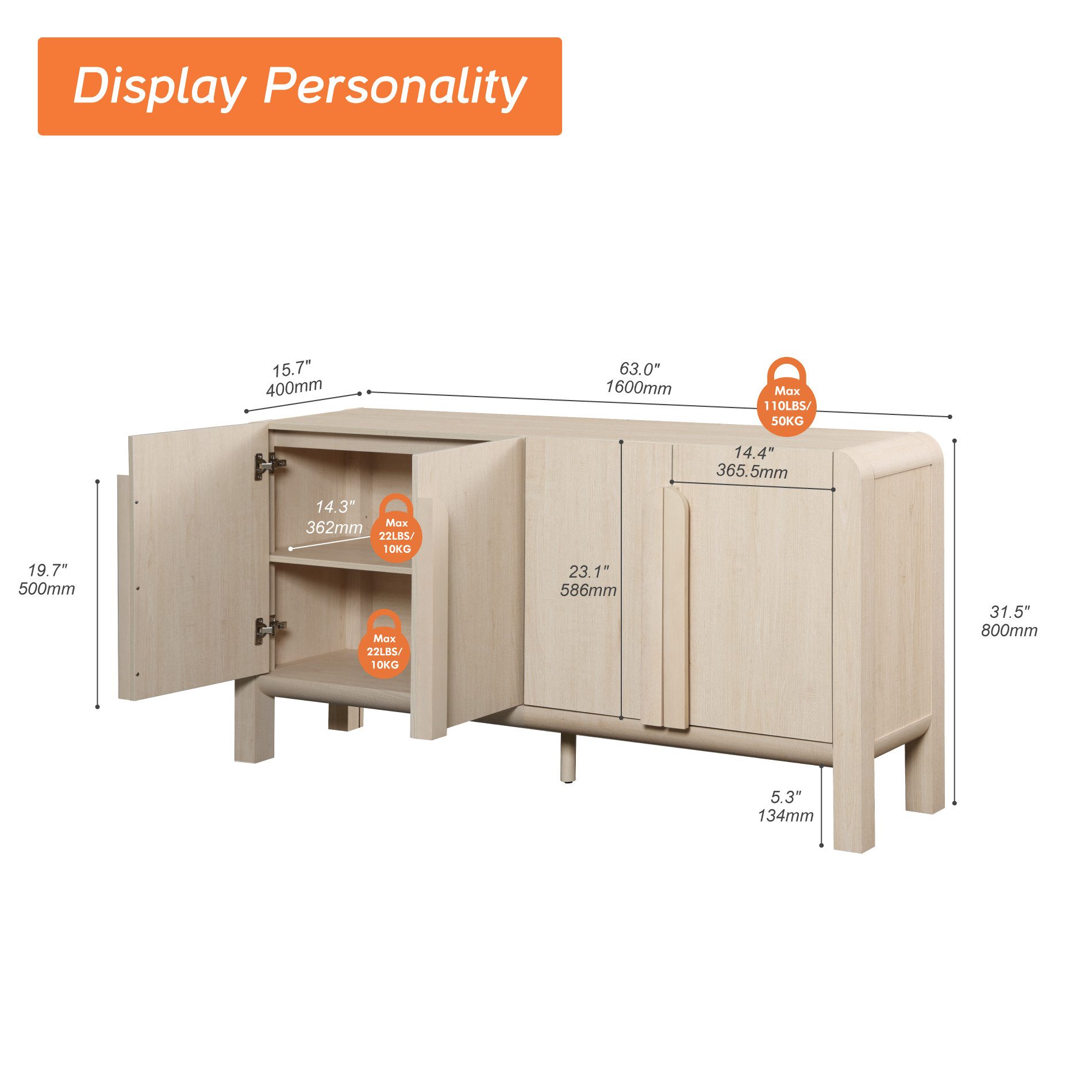 WAMPAT Sideboard 160 cm breit, Küchenbuffet mit 4 Fächern, eiche, beige, TV-Schrank, verstellbare Einlegeböden, für Flur, Wohnzimmer, Küche