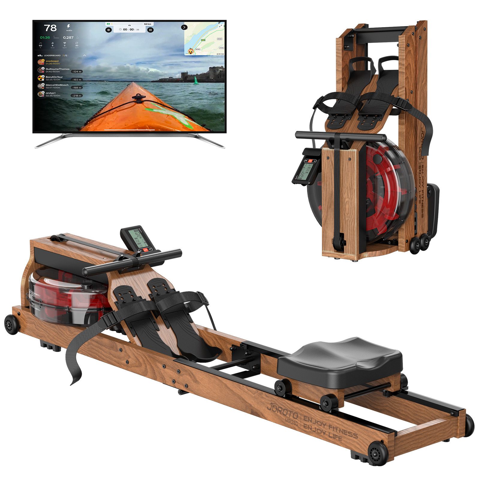 JOROTO Rudergerät MR280 Wasserrudergerät mit 14L Wassertank (mit Brustgurt), aus Eiche, Rudergerät für zu Hause mit Bluetooth Display