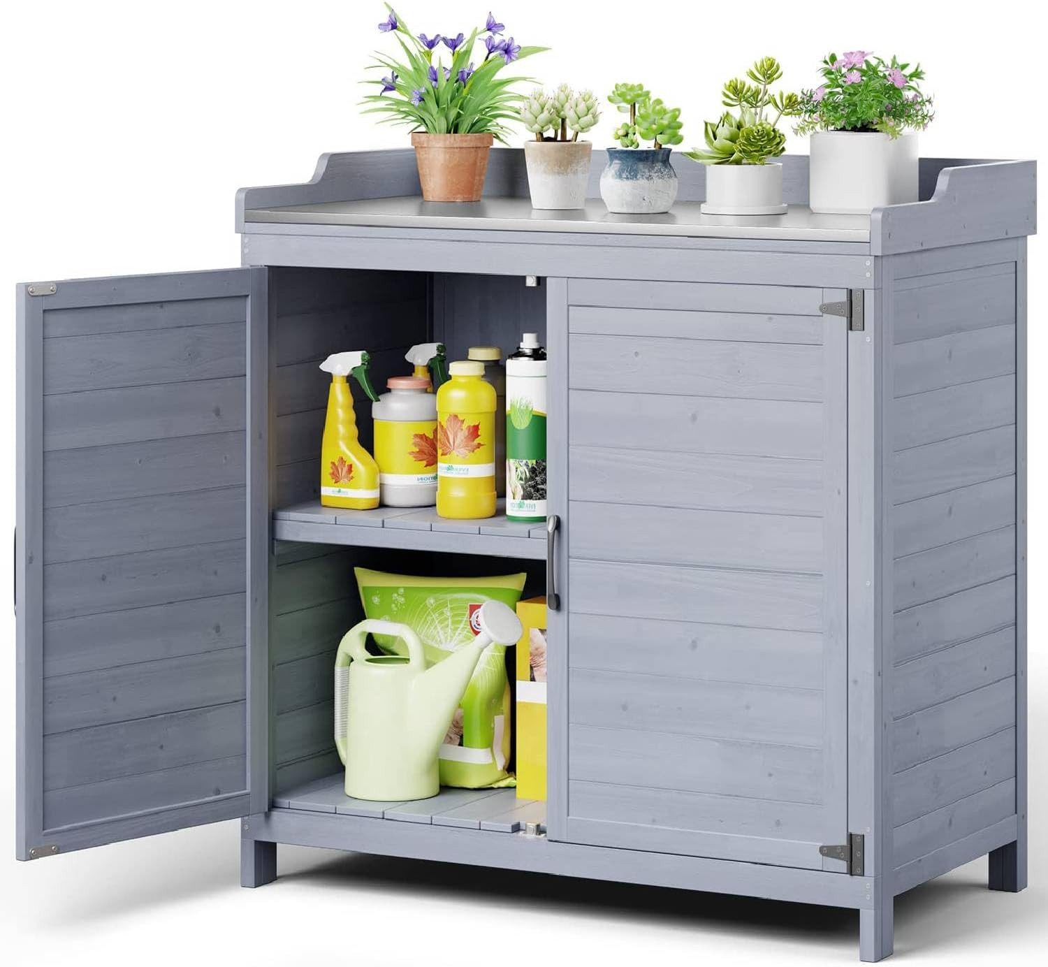 Blishom Garten-Geräteschrank Wetterfester in Holz-Gartenschrank mit Metall-Arbeitsplatte, 98 × 48 × 95 cm, Gartenpflanzbank mit Stauraum