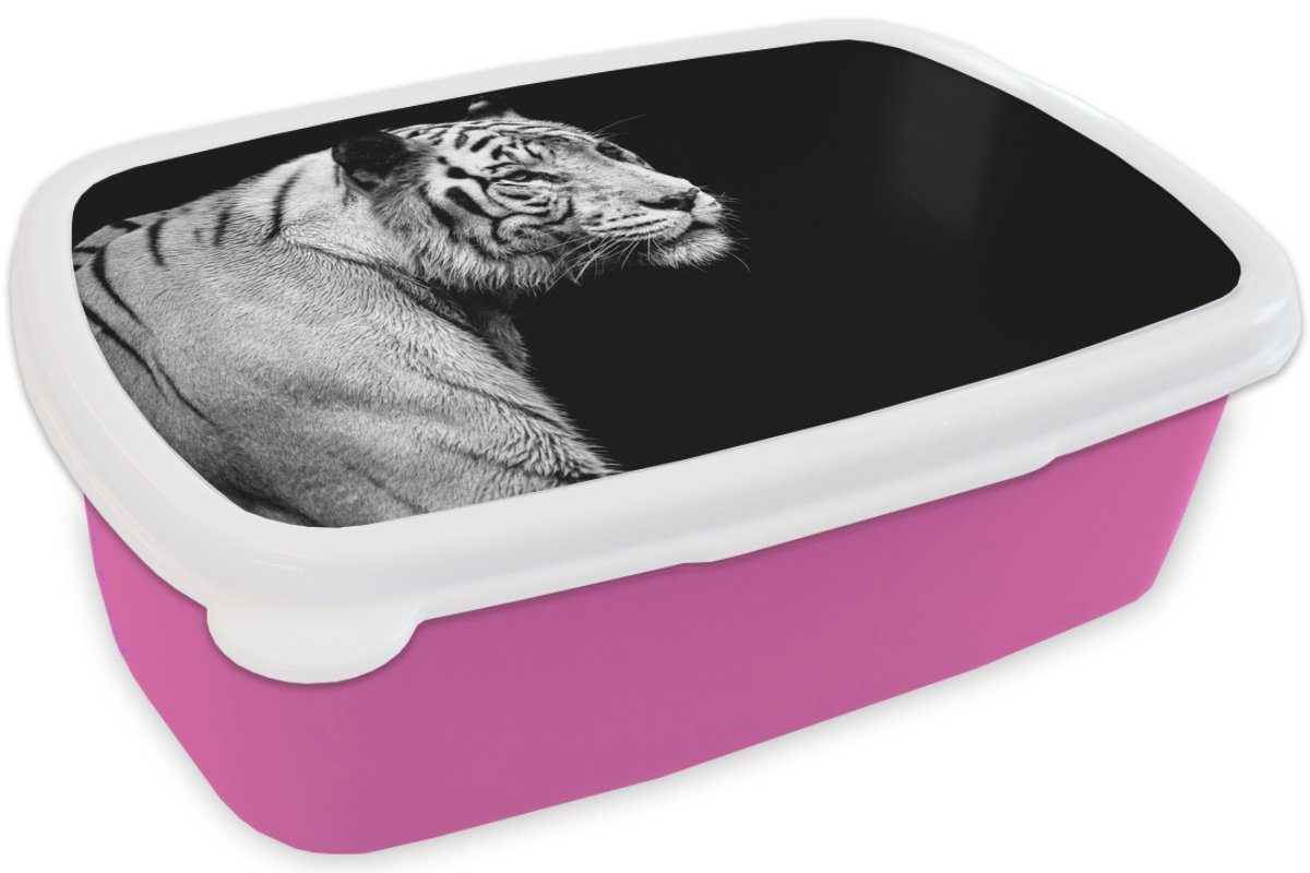 Lunchbox Kunststoff, auf für eines Snackbox, weißen Kinder, rosa (2-tlg), Studioaufnahme Mädchen, Brotbox Hintergrund, Brotdose schwarzem Erwachsene, Kunststoff MuchoWow Tigers