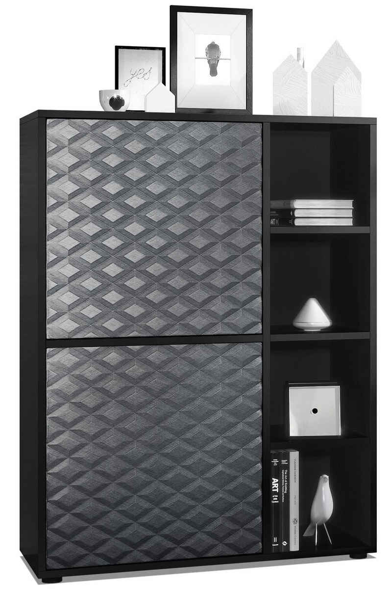 Vladon Highboard Cuba (Anrichte, mit 2 Türen und 4 offene Fächer), Schwarz matt/Stahlgrau 3D Struktur (79 x 105,5 x 35,5 cm)