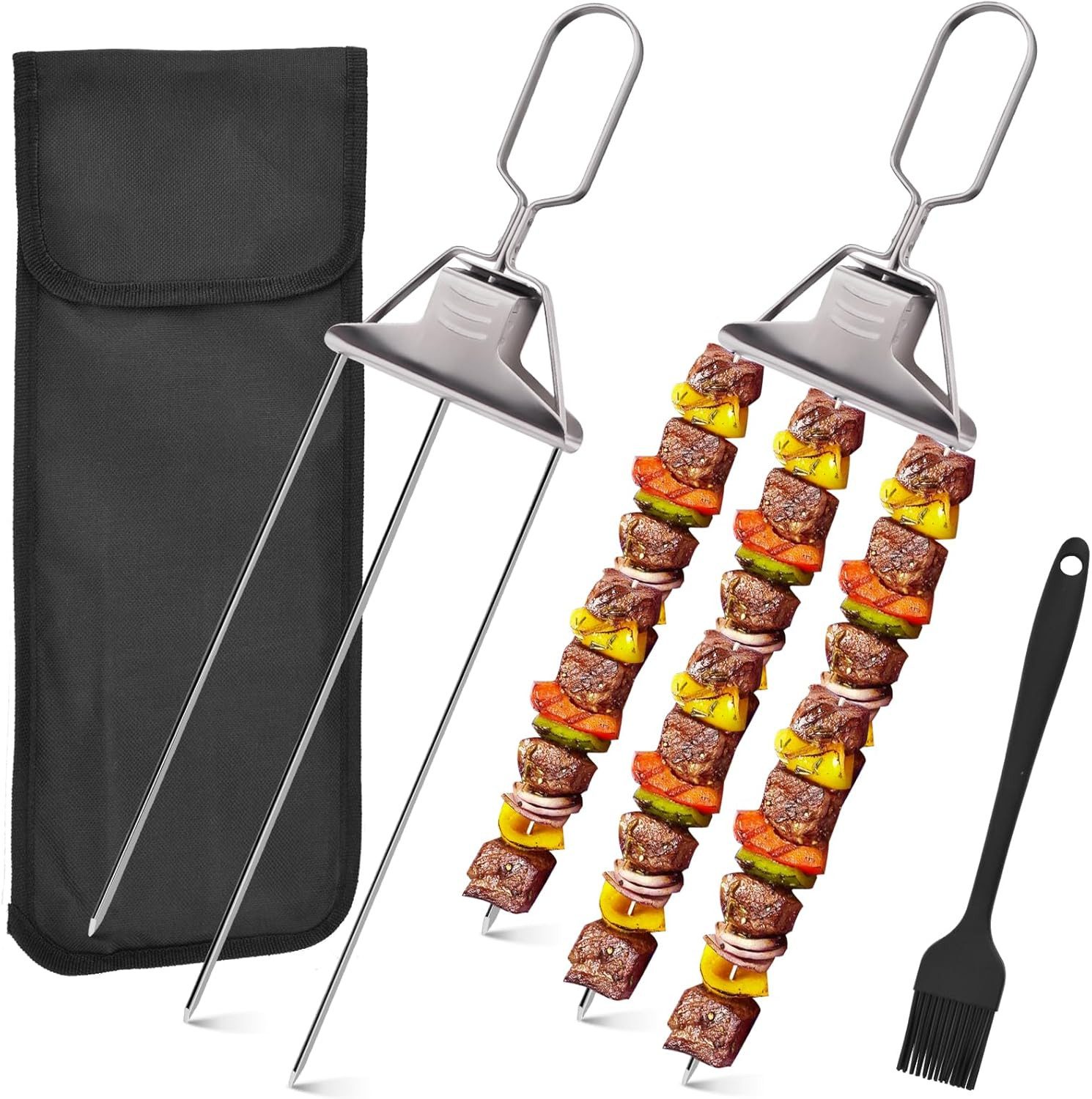 LA CUTE Grillspieß Edelstahl Grillspieße 3-fach mit Schiebemechanismus für sicheres BBQ (Grillspieß-Set mit innovativem 3-fach-Design für einfaches und gleichmäßiges Grillen, Wiederverwendbare Edelstahl-Brochetten Griff Schiebemechanismus), Robuste Edelstahl-Brochetten 3-fach-Spießen gleichmäßiges Grillen