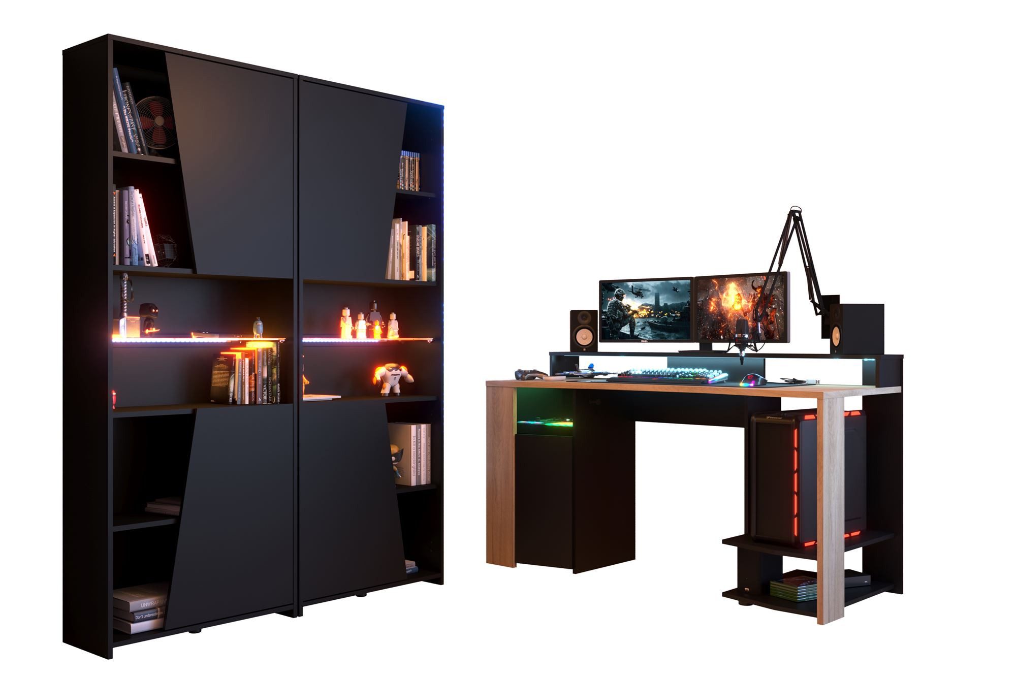 58 aufm Kessel Schreibtisch Gamertisch Parisot Meta 3-tlg. Holznachbildung Chene Kronberg/Schwarz (inkl. Versand, Lieferung bis Verwendungsstelle), Gamer Tisch mit LED optimiert für Arbeit und Spiel + 2 Regale mit LED