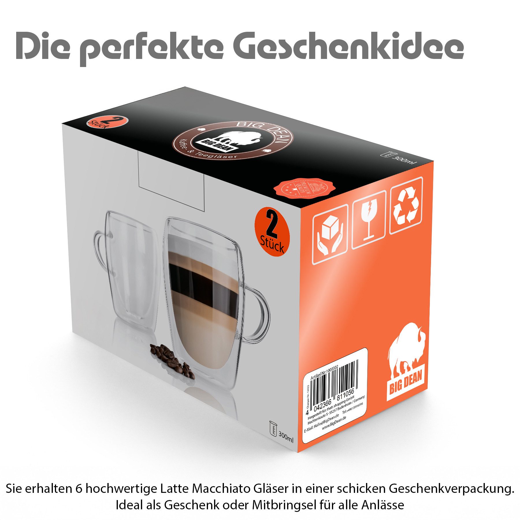 BigDean Latte-Macchiato-Glas 6 Stück doppelwandige Latte Macchiato Gläser mit Henkel 300 ml, 6-tlg., Glas, Borosilikat Glas, Spülmaschinenfest, Lebensmittelecht – Bild 3 von 5