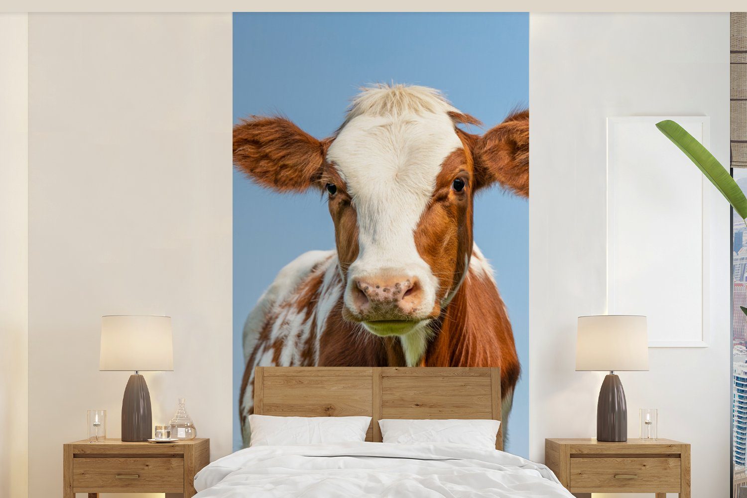MuchoWow Fototapete Kühe - Himmel - Tiere - Bauernhof - Porträt, Matt, bedruckt, (2 St), Vliestapete für Wohnzimmer Schlafzimmer Küche, Fototapete