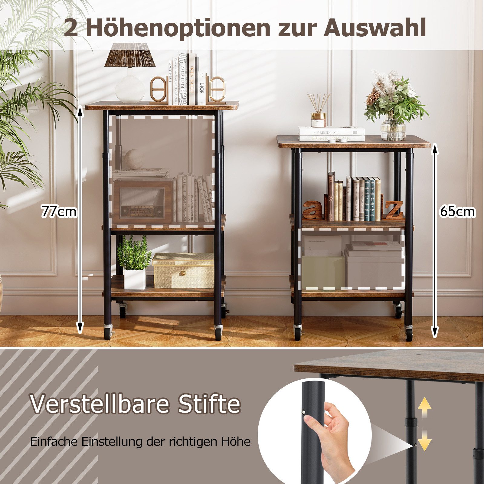 COSTWAY Druckertisch, mit Rollen, 3-stufiger Druckerständer höhenverstellbar