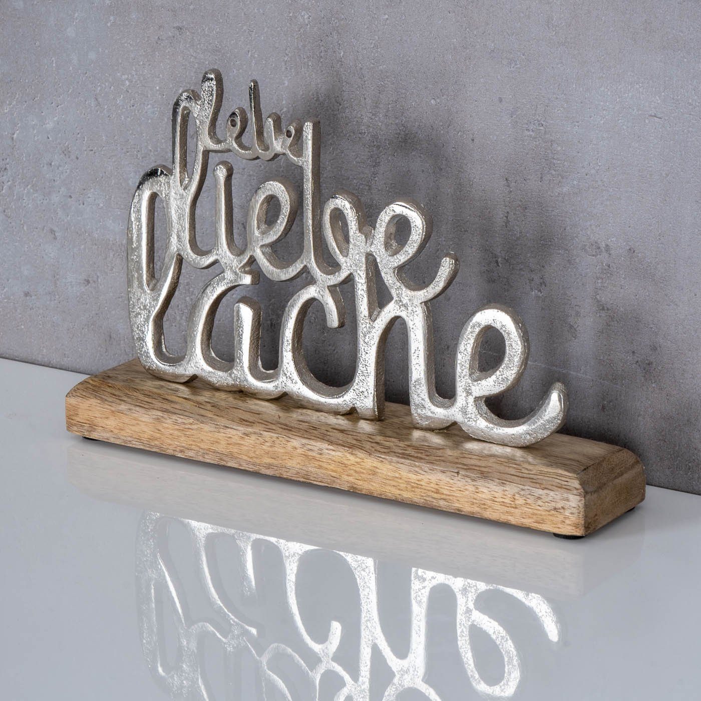 Levandeo® Deko-Schriftzug, Schriftzug Lebe Lache Liebe Metall Silber Mango Holz Aufsteller