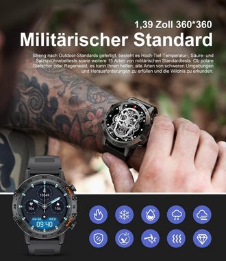 Lige Smartwatch (1,39 Zoll, Android iOS), Fitnessuhr Herren mit Lederband Militär 100 Sportmodi Fitnessuhr IP67