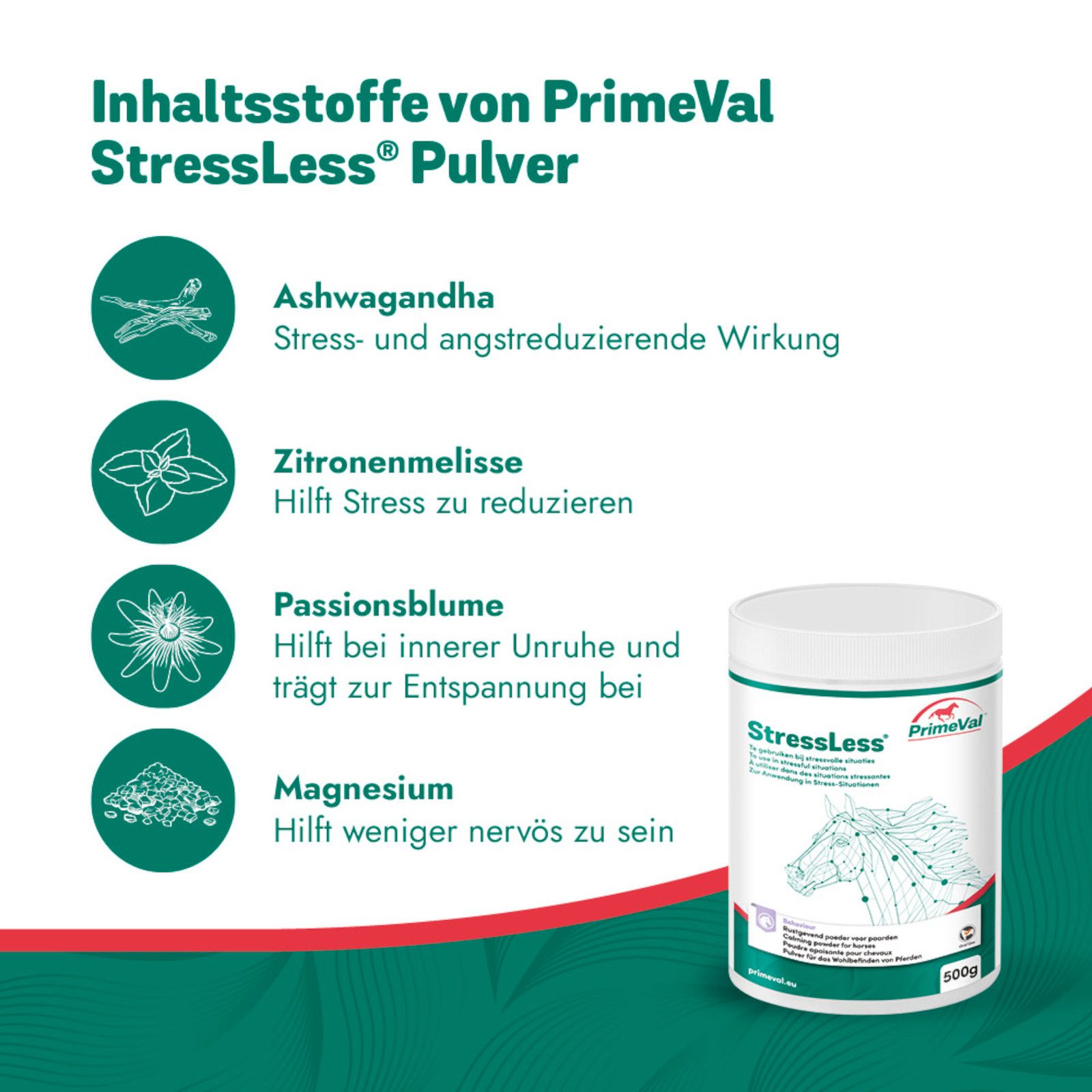 PrimeVal Stressless Pulver für Pferde, beruhigendes Ergänzungsfuttermittel f..., Ergänzungsfutter für: Pferde