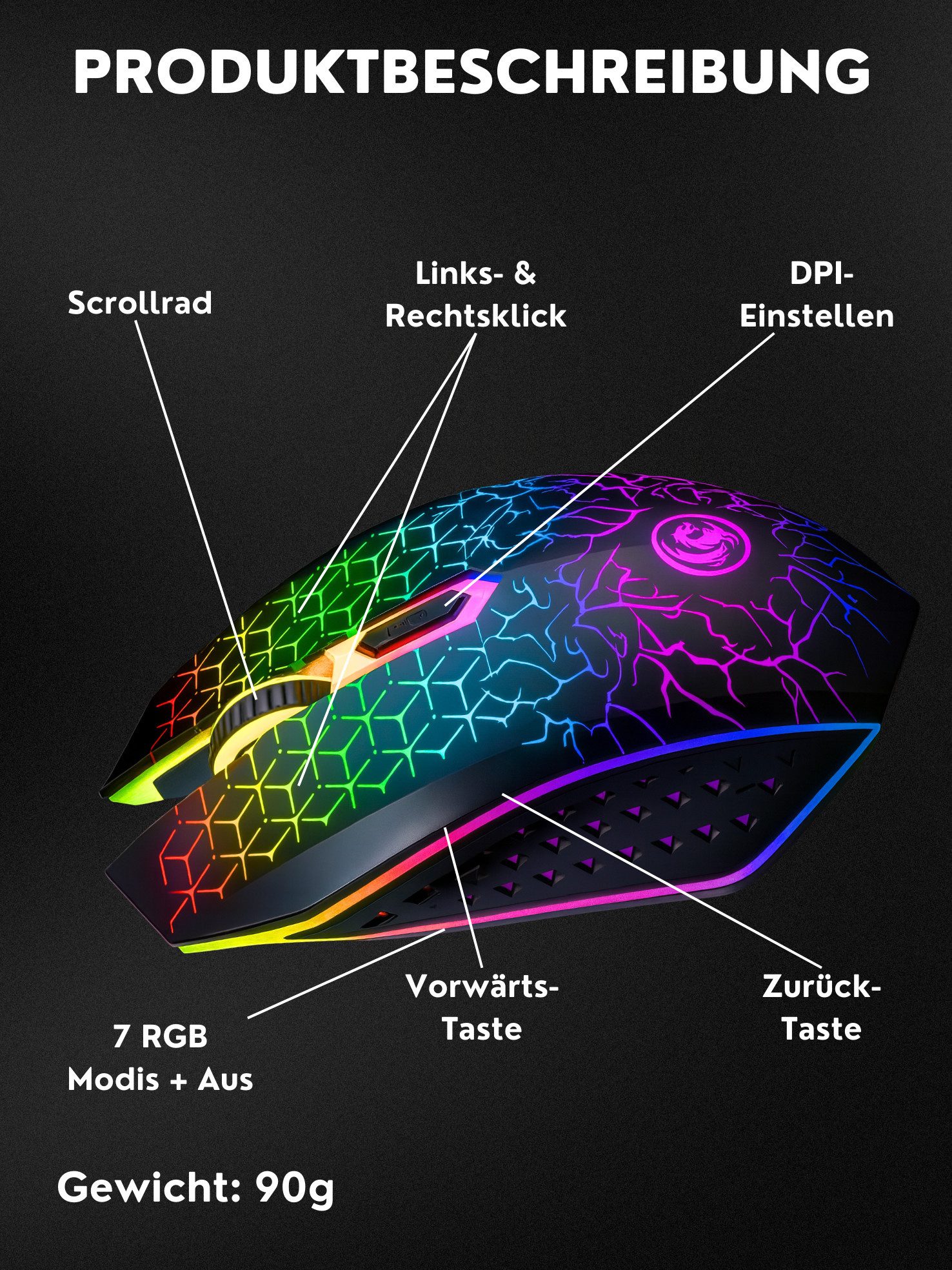 S&T Design RGB Gaming Maus Kabellos Wireless Leise Funk Bluetooth Maus (Funk, Bluetooth, kabelgebunden, 1600 dpi, USB-C Aufladbar Ergonomische Optische Maus für PC/Macbook/Laptop)