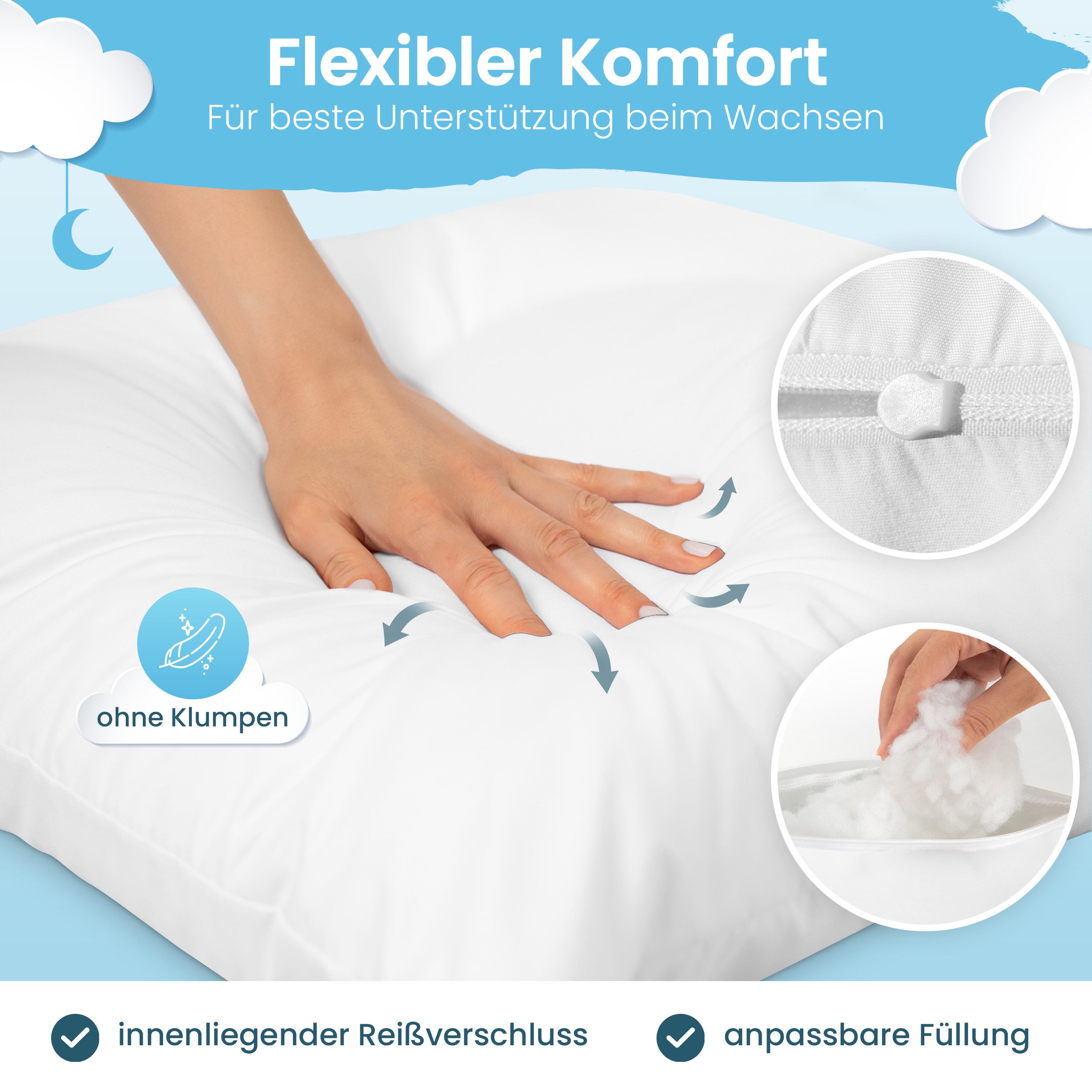 Gentle North Kopfkissen Flaches Kinderkopfkissen ab 2 Jahre mit Baumwollbezug, Füllung: 100% Polyester, Bezug: Baumwolle, Seitschläfer, Bauchschläfer, Rückenschläfer, Seitenschläfer