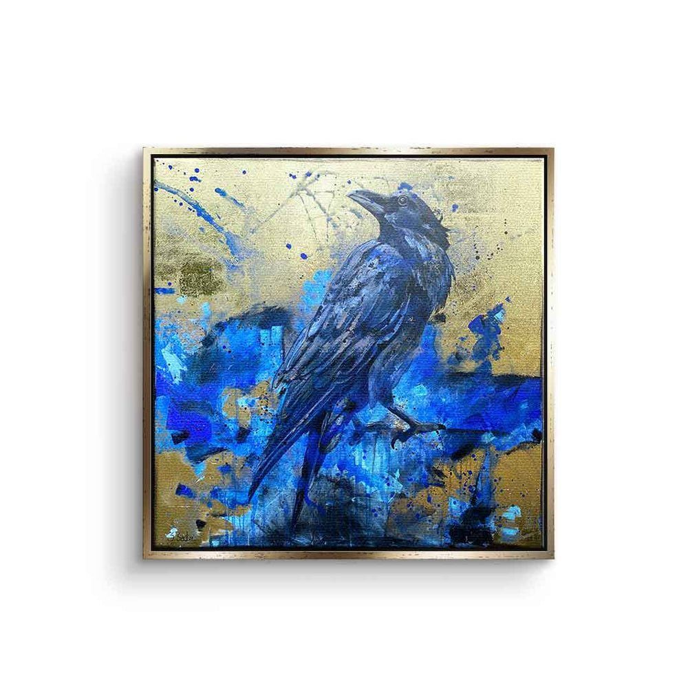 DOTCOMCANVAS® Leinwandbild, Leinwandbild Pepe Rabe Vogel blau gold designed by Sabrina Seck mit pr goldener Rahmen