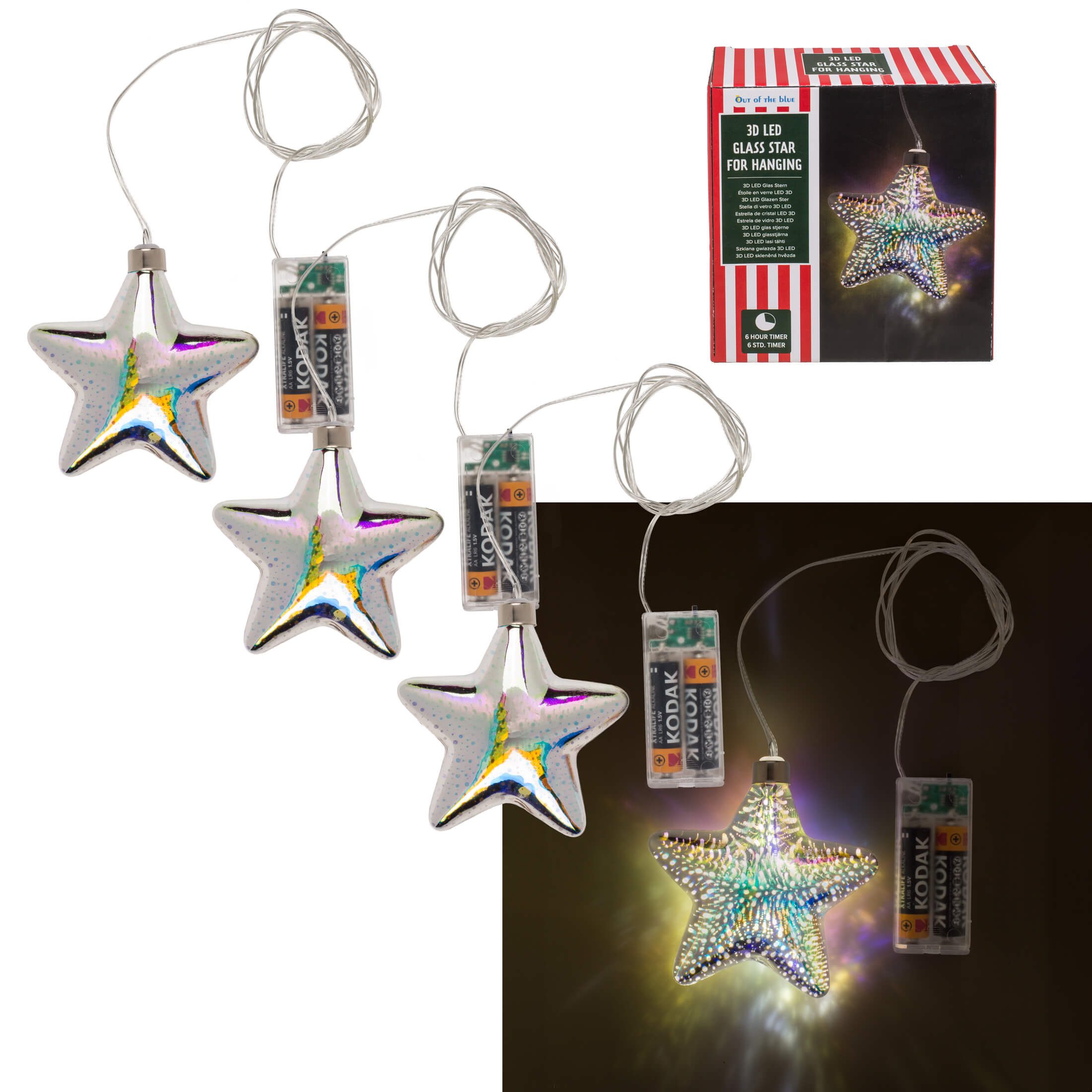 Out of the Blue LED Dekolicht 3D LED Glas Sterne 10cm mit Timer Batteriebetrieb Weihnachtsdeko, Ein-/Ausschalter, Timer, LED, Glasstern, 6-Std. Timer-Funktion